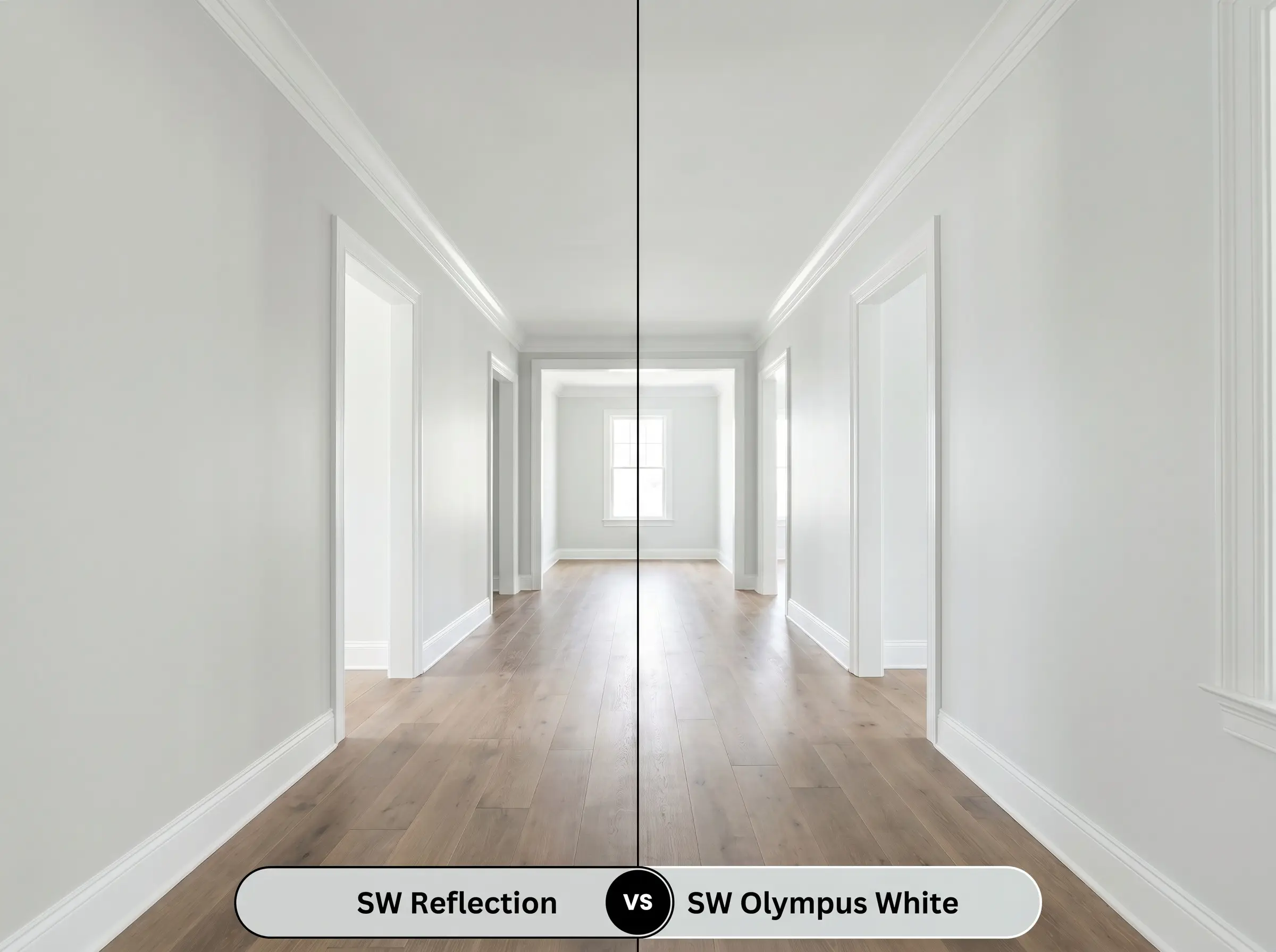 A side-by-side split-screen comparison of Sherwin-Williams Reflection on the left and Sherwin-Williams Olympus White on the right, shown in a modern hallway with identical white trim.