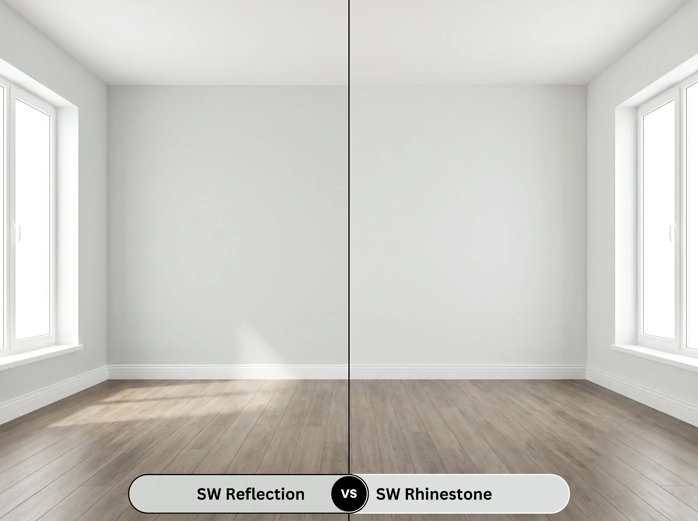 A side-by-side split-screen comparison of Sherwin-Williams Reflection on the left and Sherwin-Williams Rhinestone on the right, shown in a minimalist living room featuring white baseboards.