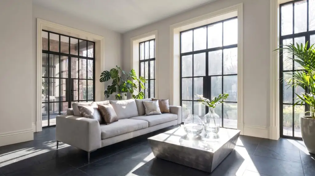 Cool gray walls contrast against dark charcoal slate floors, black steel-framed windows, and a sleek low-profile contemporary sofa in a sun-drenched living room.
