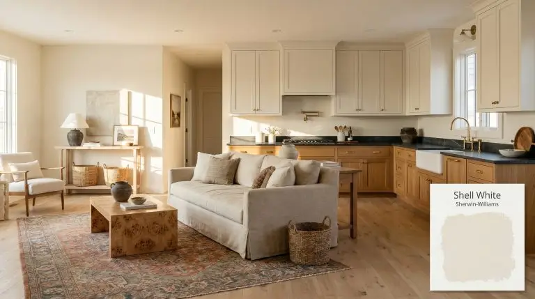 A washed linen slipcovered sofa and burl wood coffee table anchor an open-concept living room painted in Sherwin-Williams Shell White (Hex #F0EBE0).