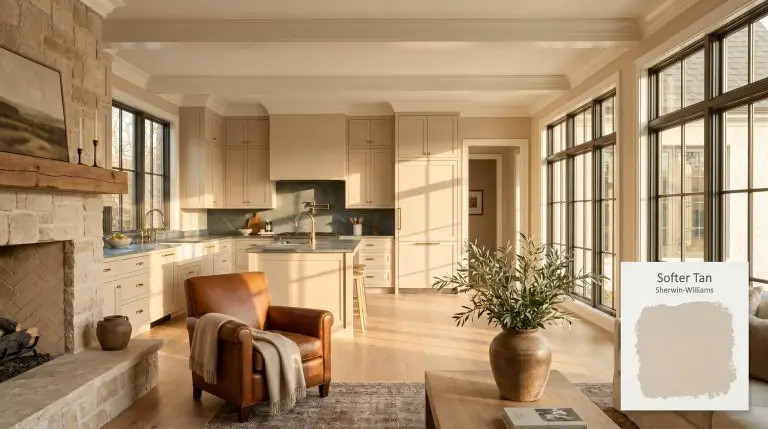A luxurious open-concept living room and kitchen painted in Sherwin-Williams Softer Tan (Hex #DACAB2), featuring natural soapstone countertops, unlacquered brass hardware, and a tumbled travertine fireplace.