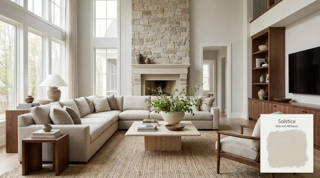 An expansive living room painted in Sherwin-Williams Solstice (Hex #DBD9D2) featuring soaring ceilings, a stone fireplace, plush sectional, and walnut wood accents.