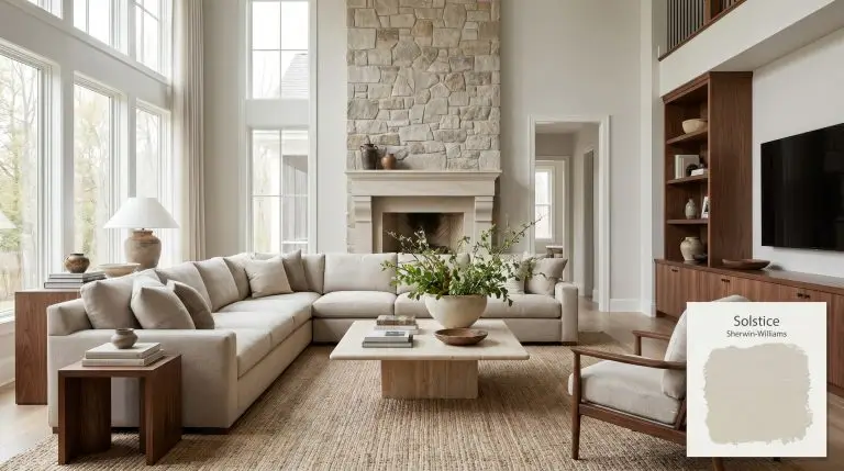 An expansive living room painted in Sherwin-Williams Solstice (Hex #DBD9D2) featuring soaring ceilings, a stone fireplace, plush sectional, and walnut wood accents.