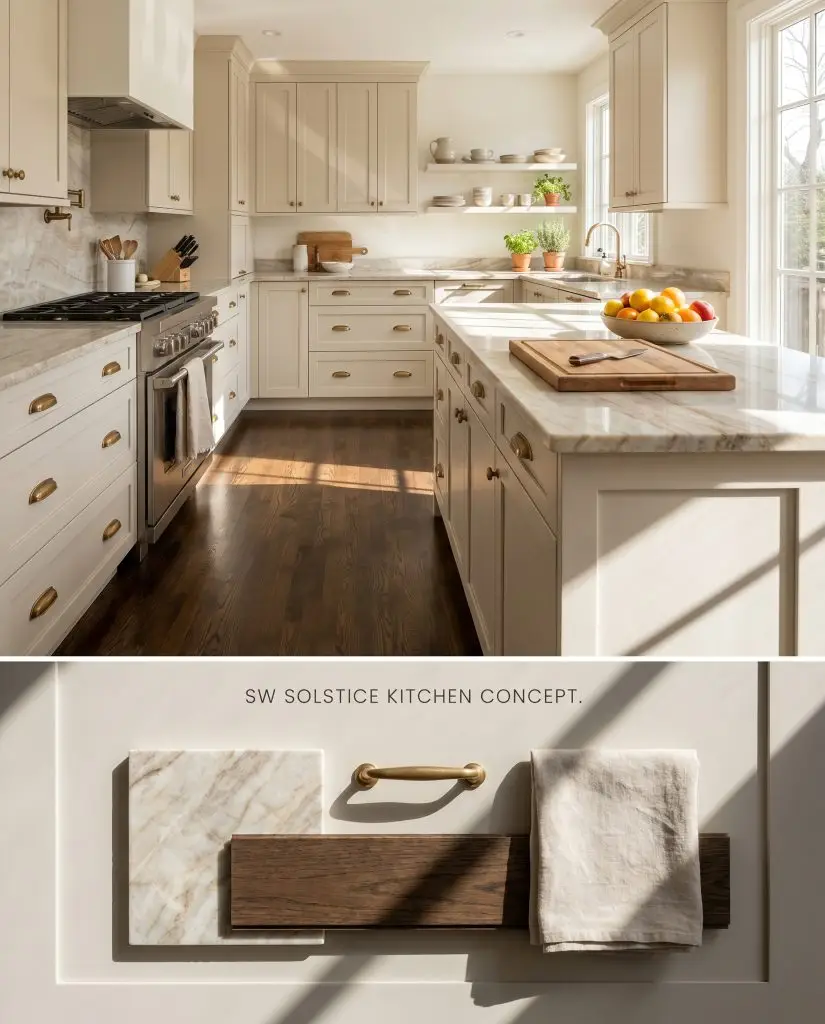 A split digital conceptual board showing a kitchen with Sherwin-Williams Solstice cabinetry above a flat-lay of Taj Mahal quartzite and unlacquered brass hardware.
