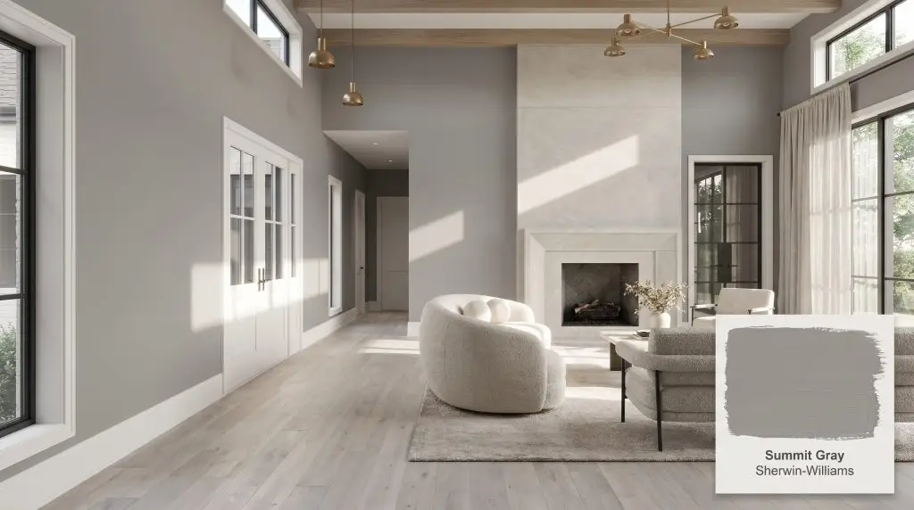 A photorealistic wide shot of a modern living room painted in Sherwin-Williams Summit Gray (Hex #959491), featuring a honed limestone fireplace, pale oak flooring, and bouclé sofa.
