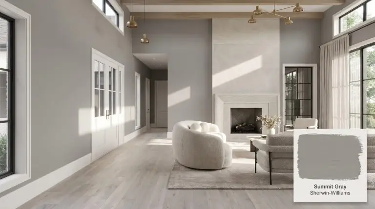 A photorealistic wide shot of a modern living room painted in Sherwin-Williams Summit Gray (Hex #959491), featuring a honed limestone fireplace, pale oak flooring, and bouclé sofa.