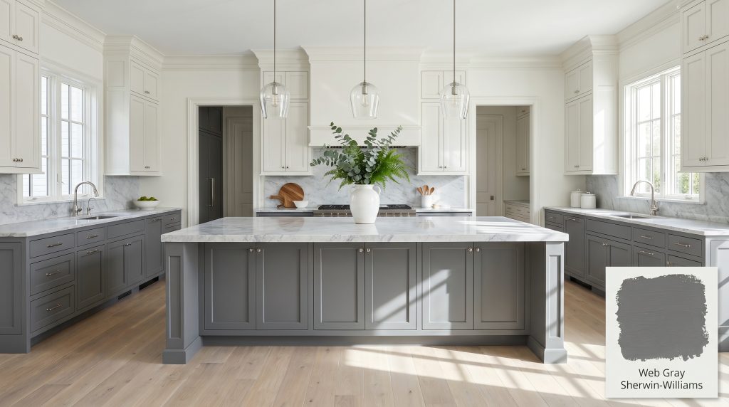 A photorealistic architectural view of a massive central kitchen island painted in Sherwin-Williams Web Gray (Hex #616669), featuring Carrara marble countertops and bleached oak flooring.