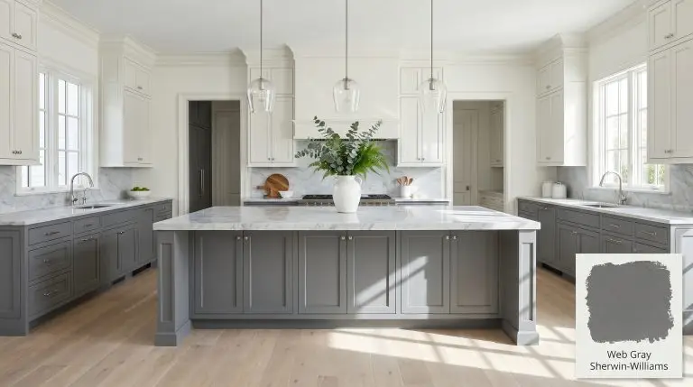 A photorealistic architectural view of a massive central kitchen island painted in Sherwin-Williams Web Gray (Hex #616669), featuring Carrara marble countertops and bleached oak flooring.