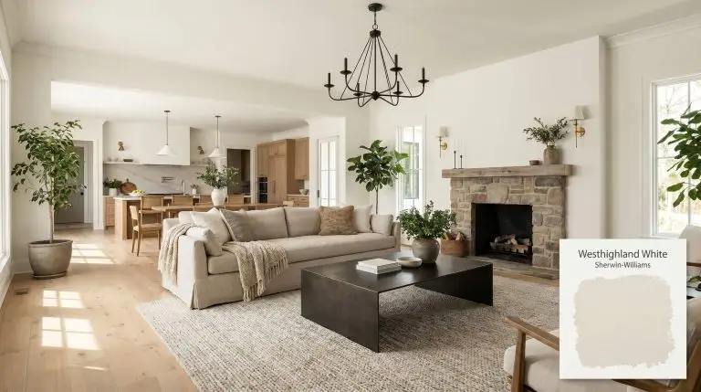 Expansive wide-plank white oak flooring and an oversized washed linen slipcovered sofa anchor a living room painted in Sherwin-Williams Westhighland White (Hex #F3EEE3).