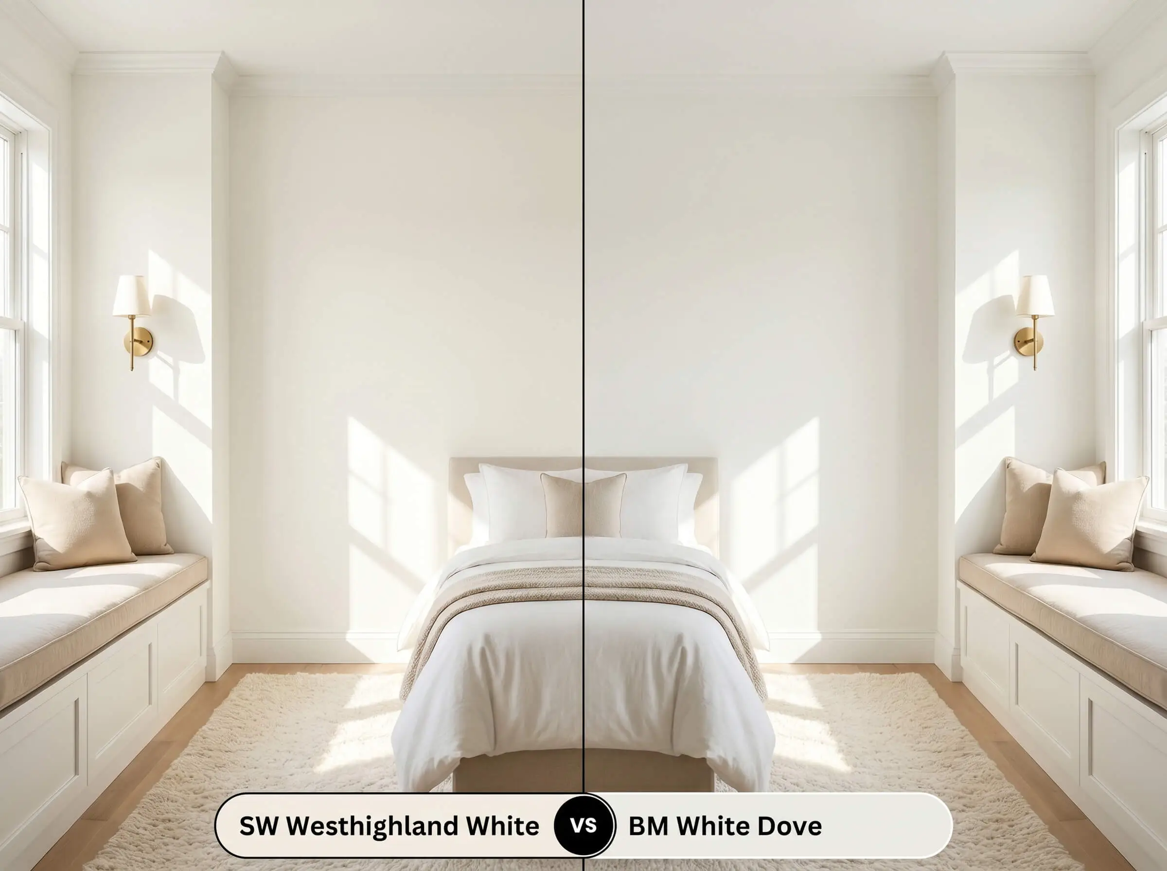 A side-by-side split-screen comparison of Sherwin-Williams Westhighland White on the left and Benjamin Moore White Dove on the right, shown in a bedroom with a built-in window seat.