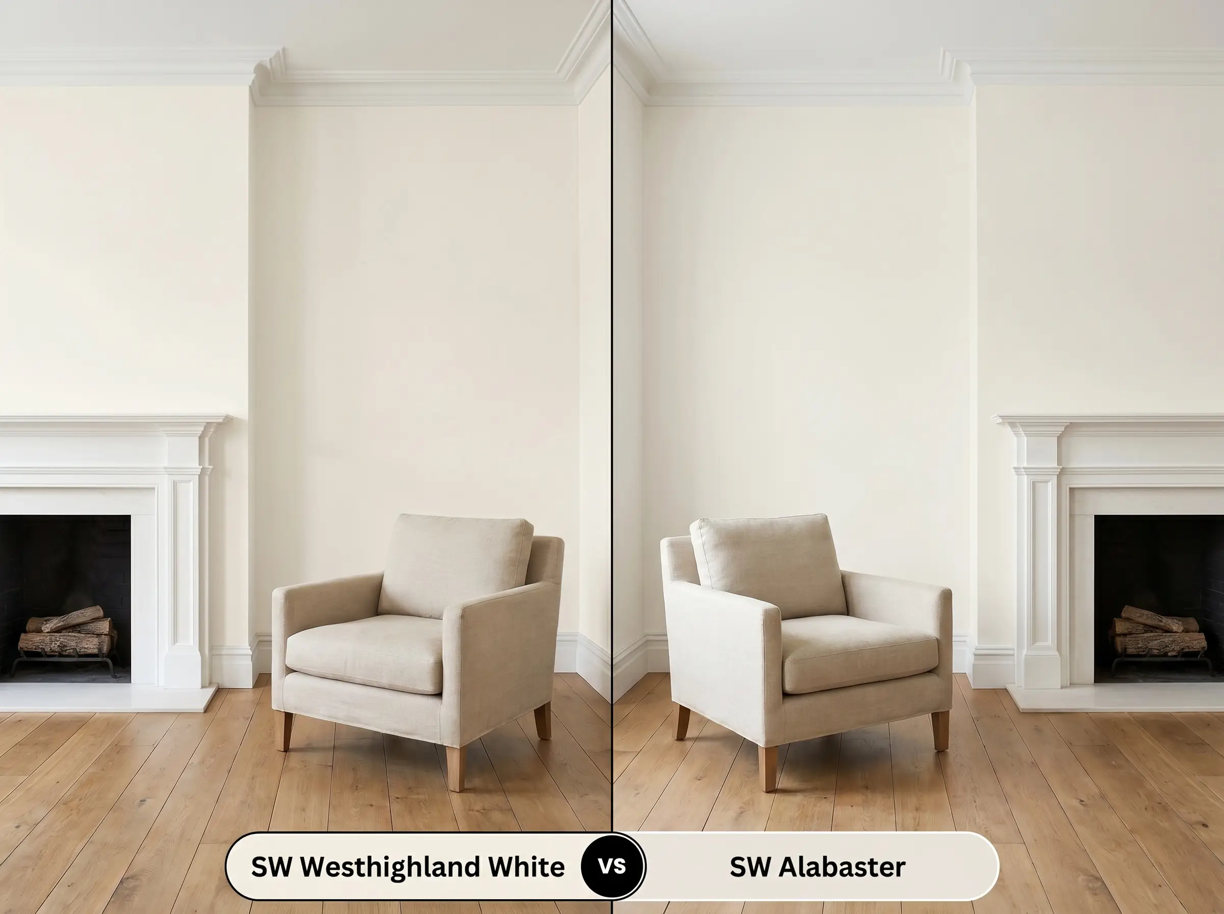 A side-by-side split-screen comparison of Sherwin-Williams Westhighland White on the left and Sherwin-Williams Alabaster on the right, shown in a living room featuring a classic fireplace mantel.