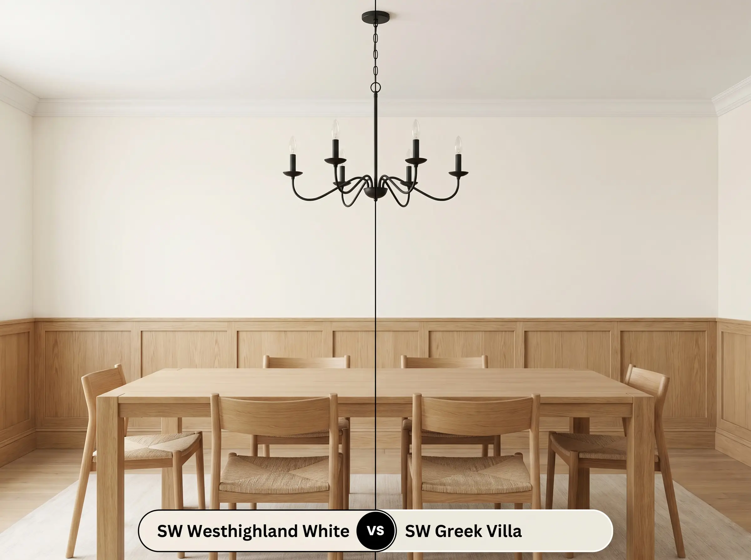 A side-by-side split-screen comparison of Sherwin-Williams Westhighland White on the left and Sherwin-Williams Greek Villa on the right, shown in a dining room with wainscoting.
