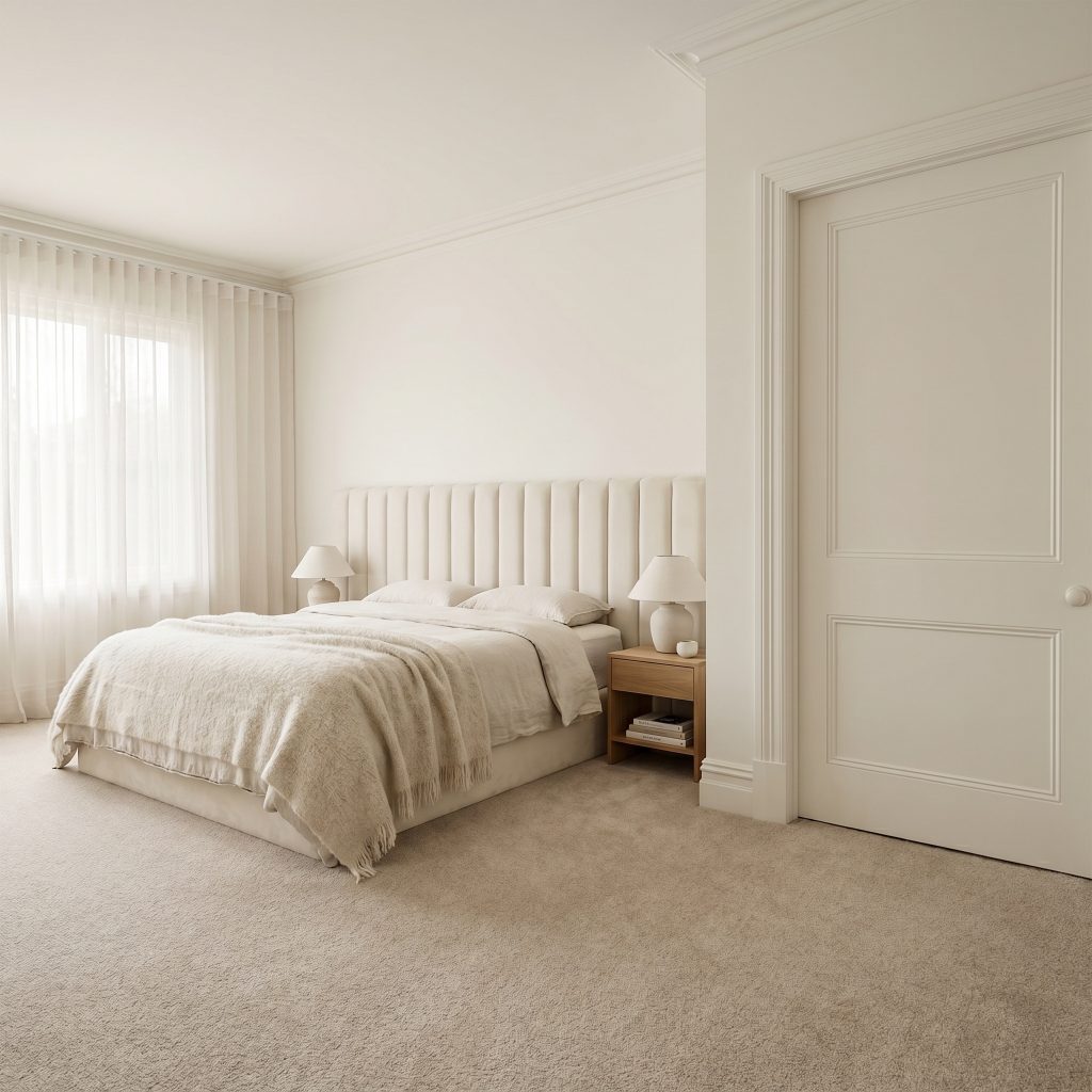 A channel-tufted velvet headboard layered with a heavy alpaca throw anchors a quiet primary bedroom suite wrapped in a monolithic subtle bone tint.