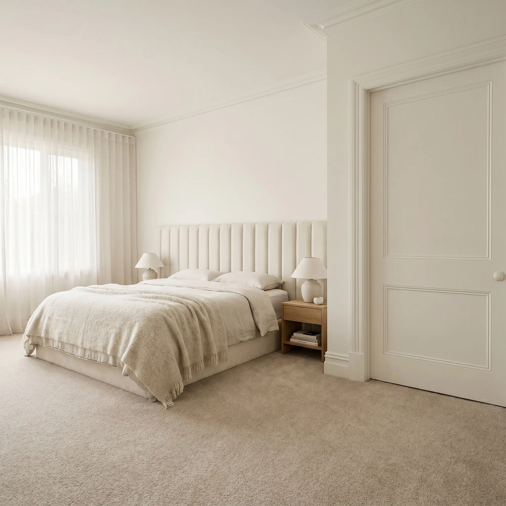 A channel-tufted velvet headboard layered with a heavy alpaca throw anchors a quiet primary bedroom suite wrapped in a monolithic subtle bone tint.