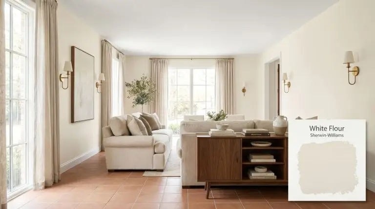 An open-concept transitional living room painted in Sherwin-Williams White Flour (Hex #F4EFE5) features a plush oatmeal sofa, walnut console, and matte terracotta floor tiles.