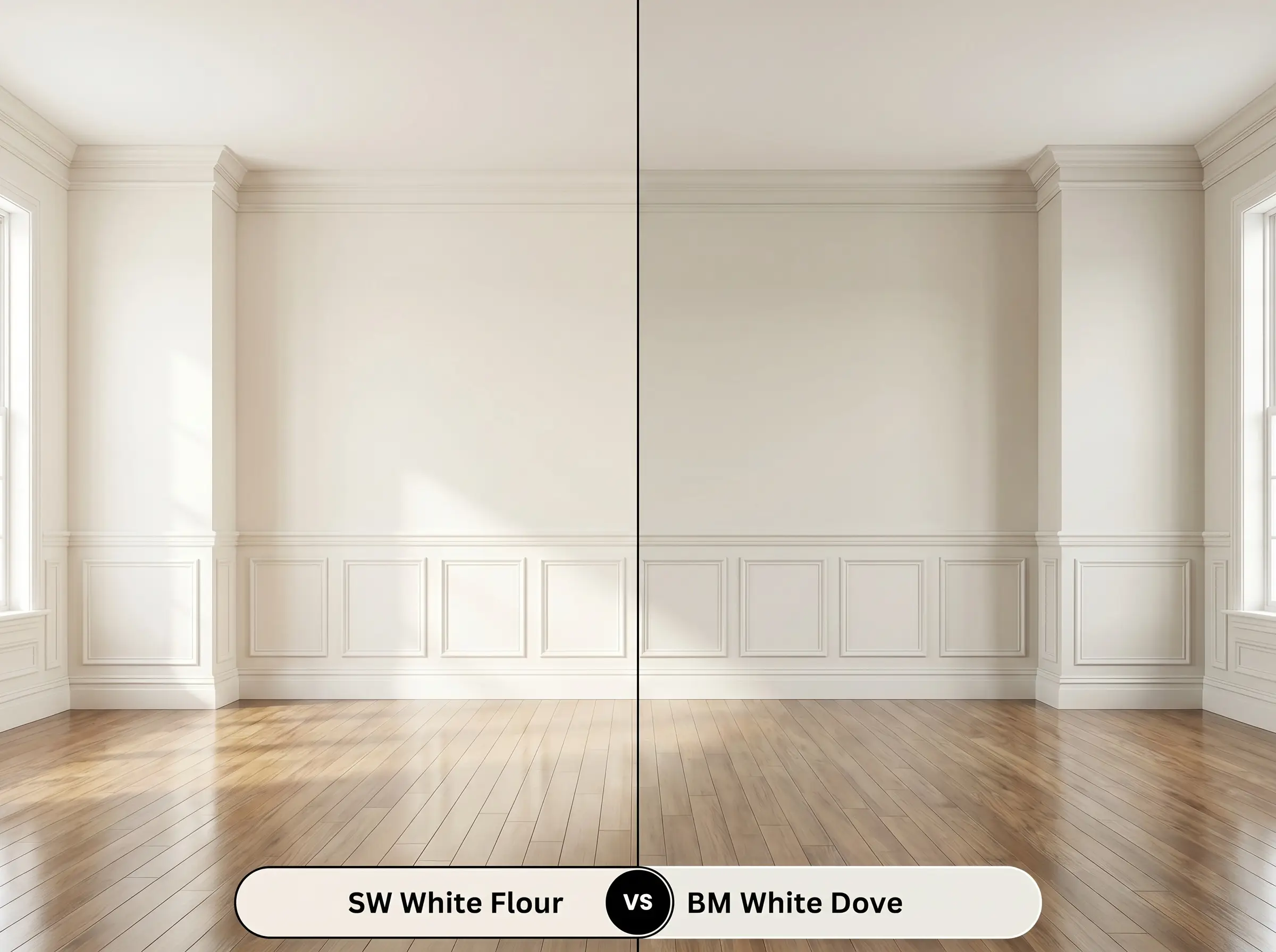 A side-by-side split-screen comparison of Sherwin-Williams White Flour on the left and Benjamin Moore White Dove on the right, shown in an empty living room featuring subtle wainscoting.