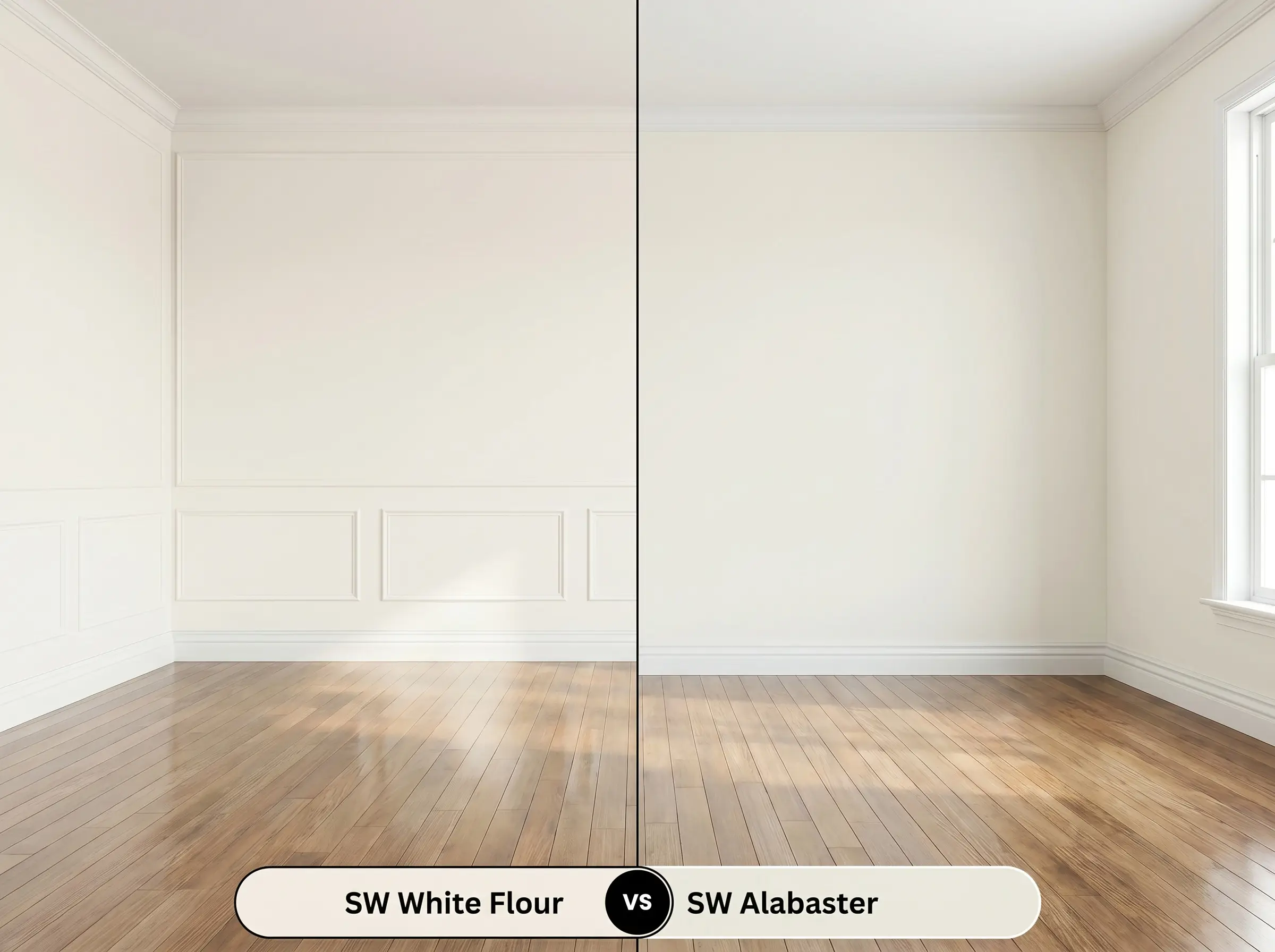A side-by-side split-screen comparison of Sherwin-Williams White Flour on the left and Sherwin-Williams Alabaster on the right, shown in a living room with subtle wainscoting and hardwood floors.