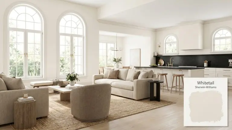 An expansive open-concept living room and kitchen painted in Sherwin-Williams Whitetail (Hex #F4EFE4), featuring pale oak floors, black granite countertops, and warm oatmeal linen sofas.