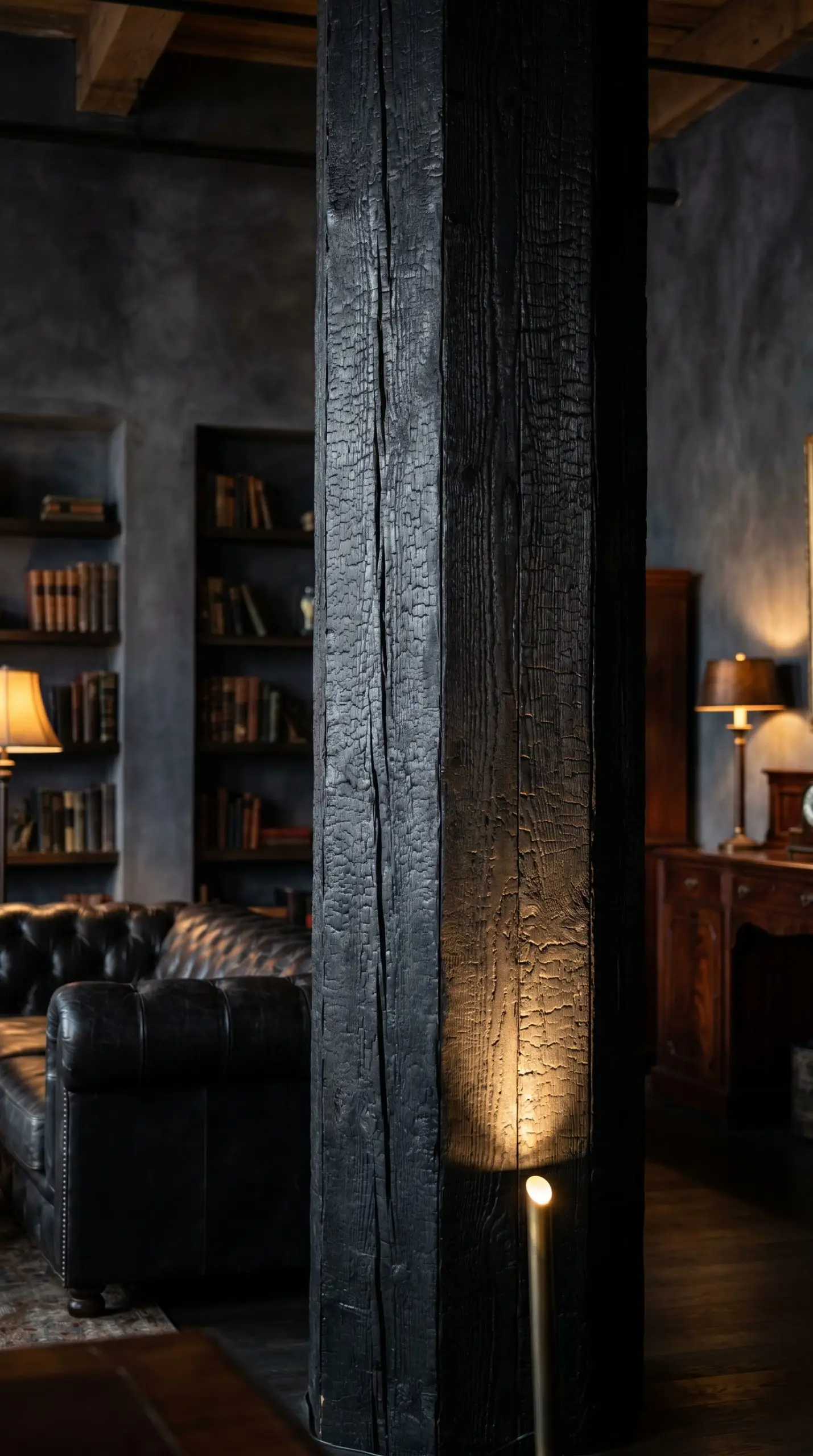 Deeply charred Shou Sugi Ban cedar wood wraps a load-bearing column in an industrial dark academia loft space featuring a tufted chesterfield sofa.