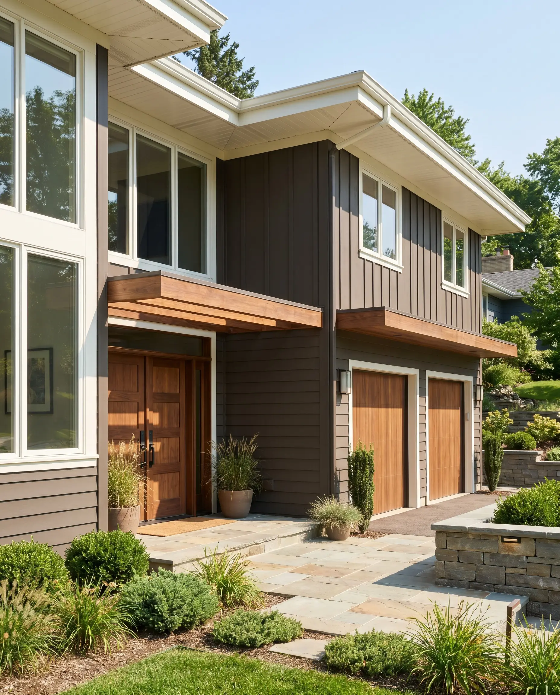 A mid-century modern architectural facade displays deep espresso brown siding contrasted by crisp white trim and natural walnut wood accents.
