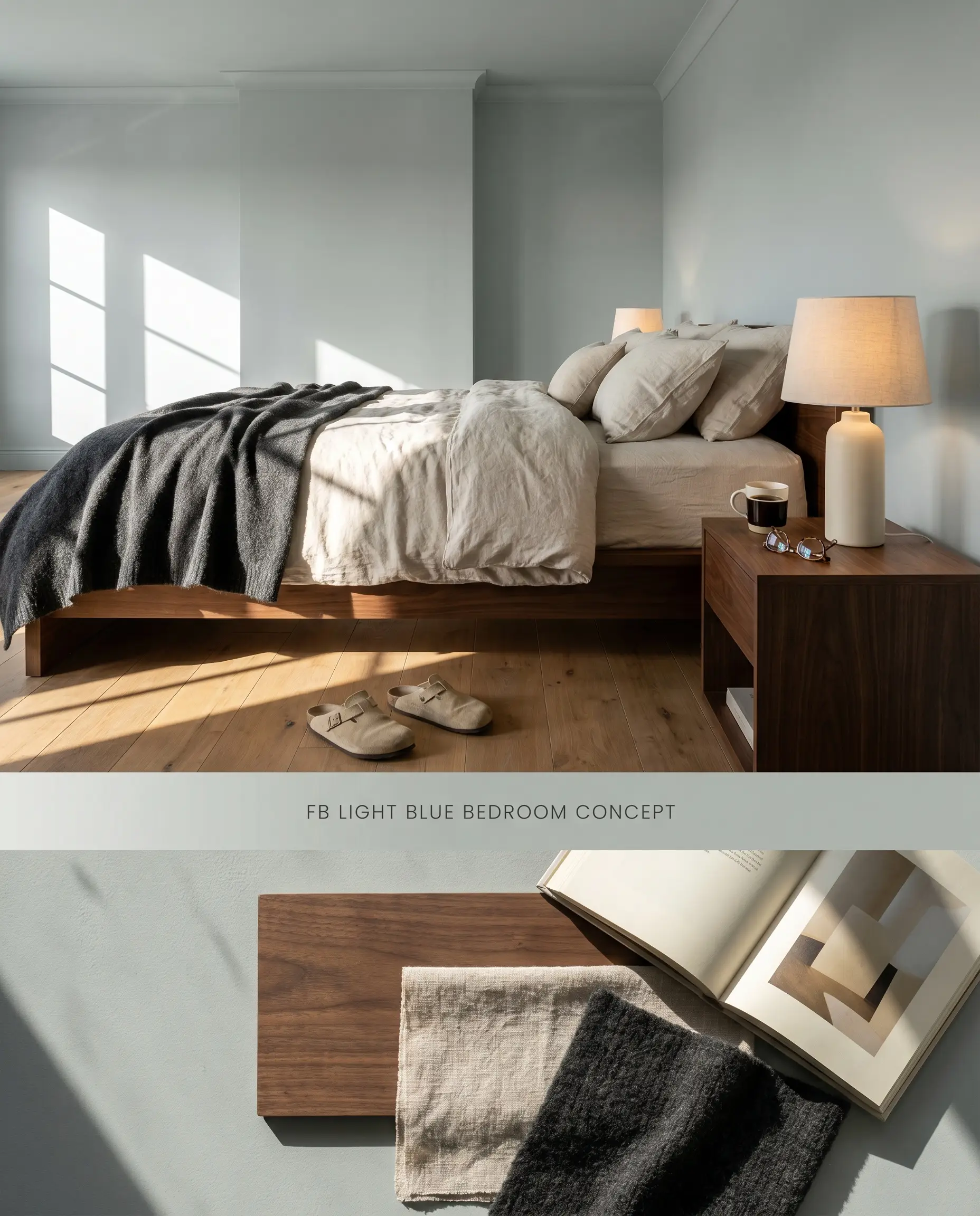 A split digital conceptual board for a bedroom showcasing Farrow & Ball Light Blue color-drenched walls above a textured flat-lay of walnut and linen materials.