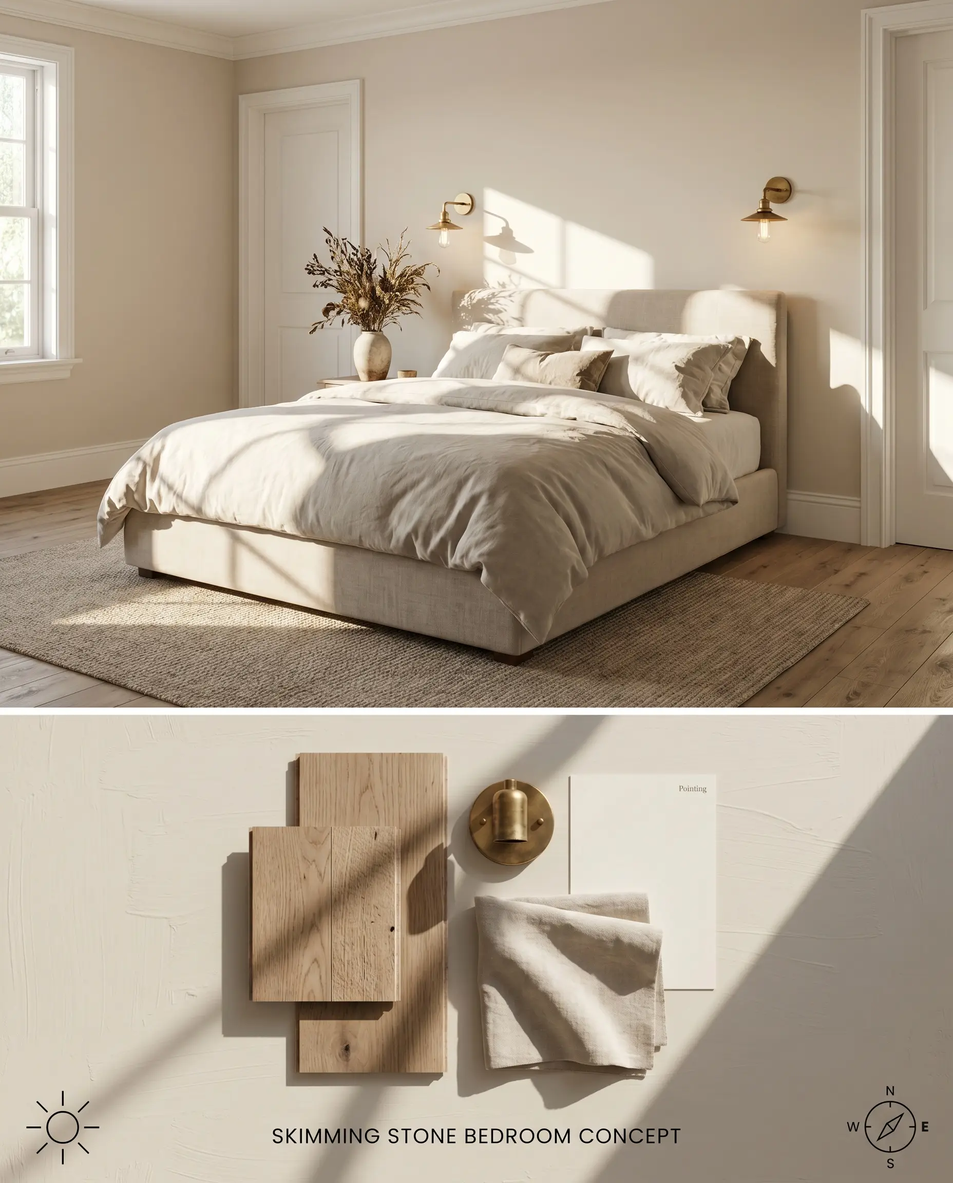 A split digital conceptual board for a bedroom showcasing a warm greige wall color paired with tumbled linen, matte oak flooring, and a flat-lay of physical material swatches.