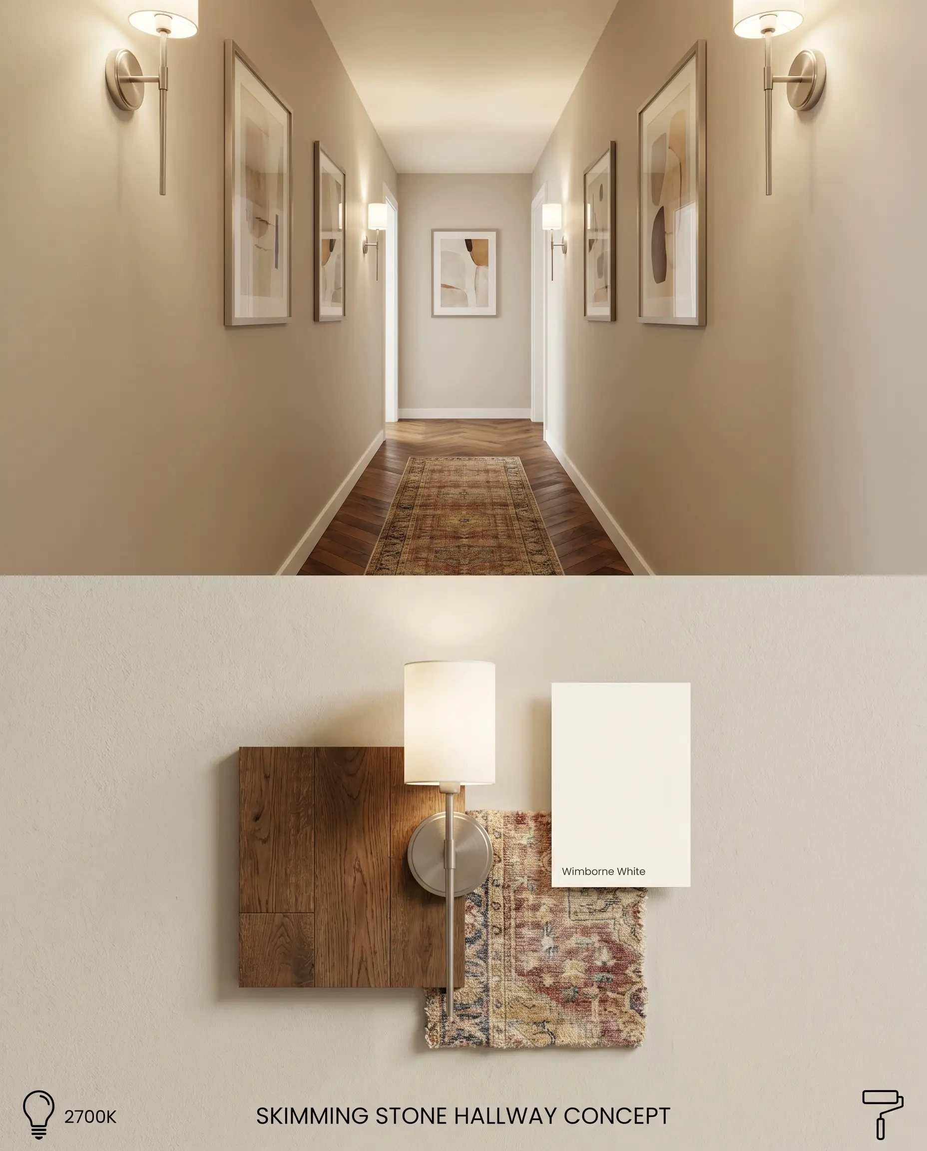 A split digital conceptual board for a windowless corridor illuminated by 2700K lighting, showing warm neutral walls, dark herringbone oak flooring, and a corresponding flat-lay of physical samples.