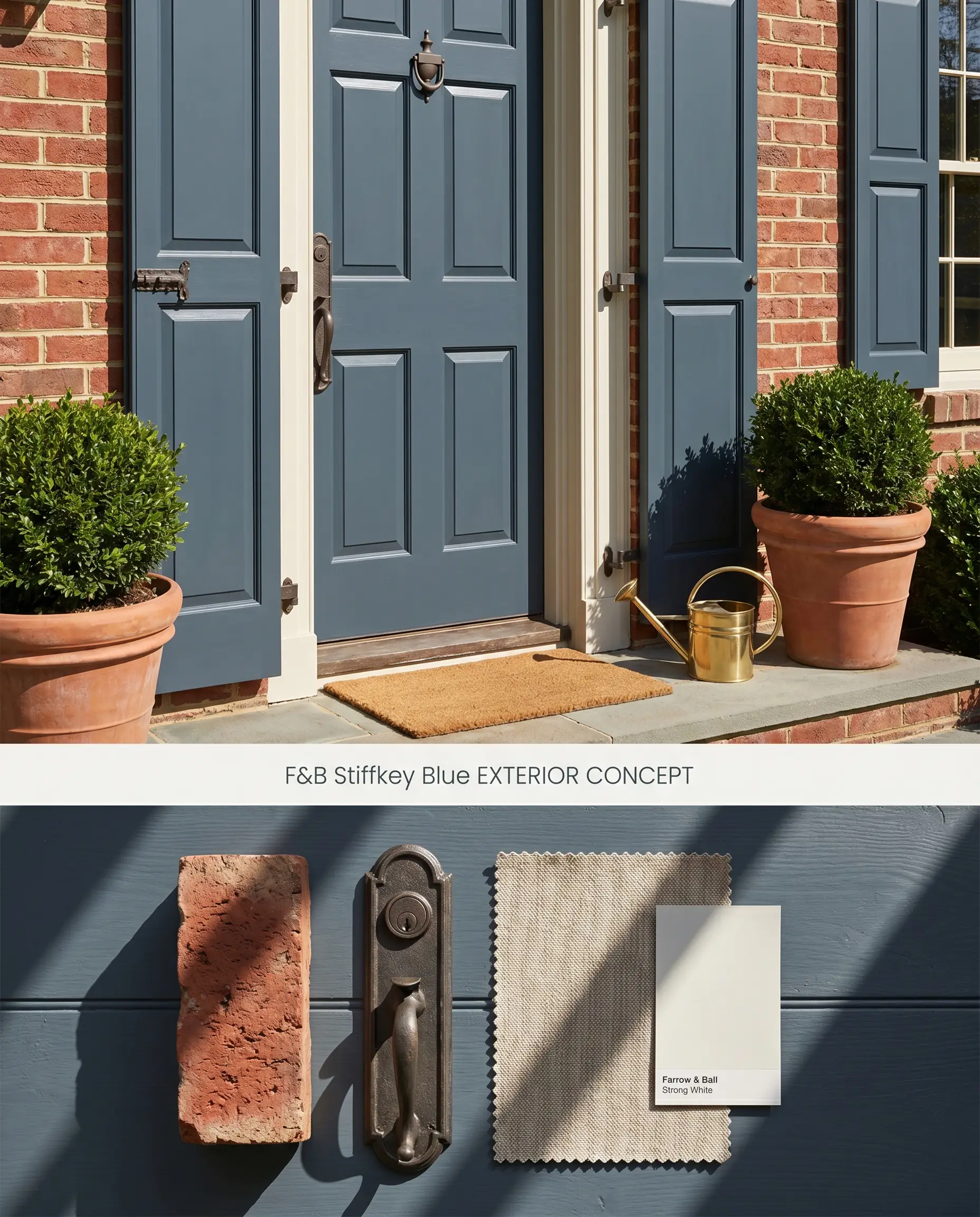 A split digital conceptual board for a traditional exterior showcasing a Farrow and Ball Stiffkey Blue front door, layered above a red brick and cast iron flat-lay.