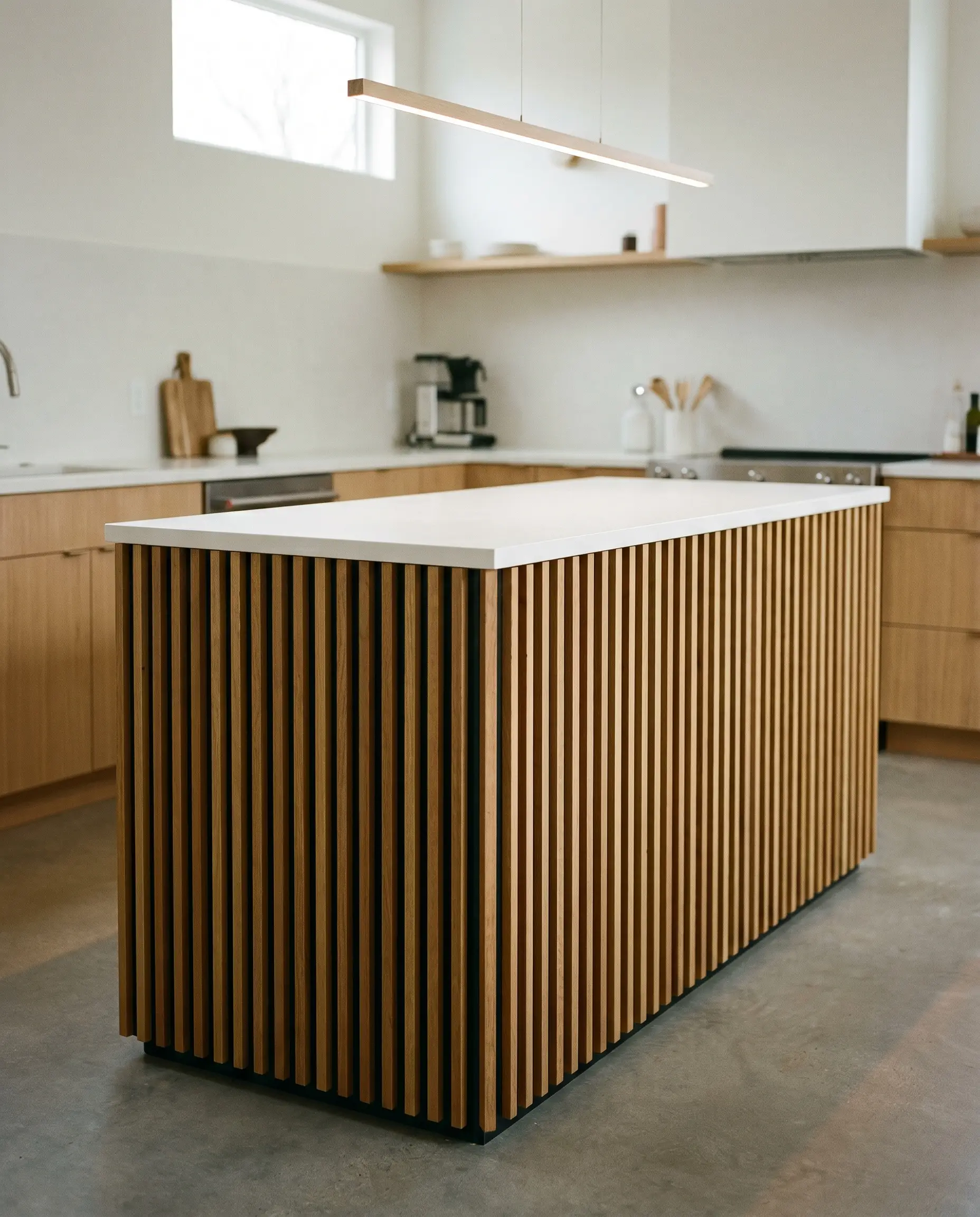 A central kitchen island wrapped in custom milled oak slats supports a pristine, clutter-free matte porcelain countertop.