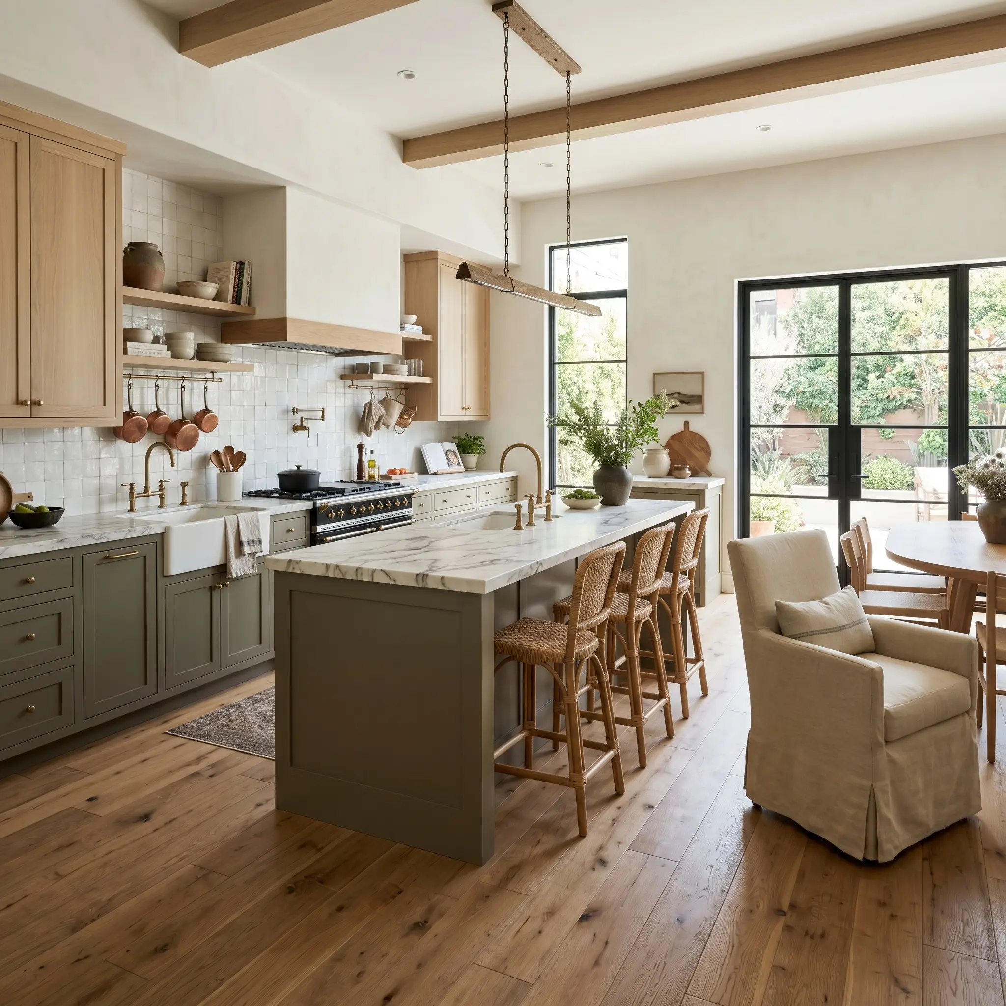 A sleek modern organic culinary space highlights lower cabinetry with a beautiful architectural finish in earthy olive, paired with bleached oak uppers and a glossy white zellige tile backsplash.