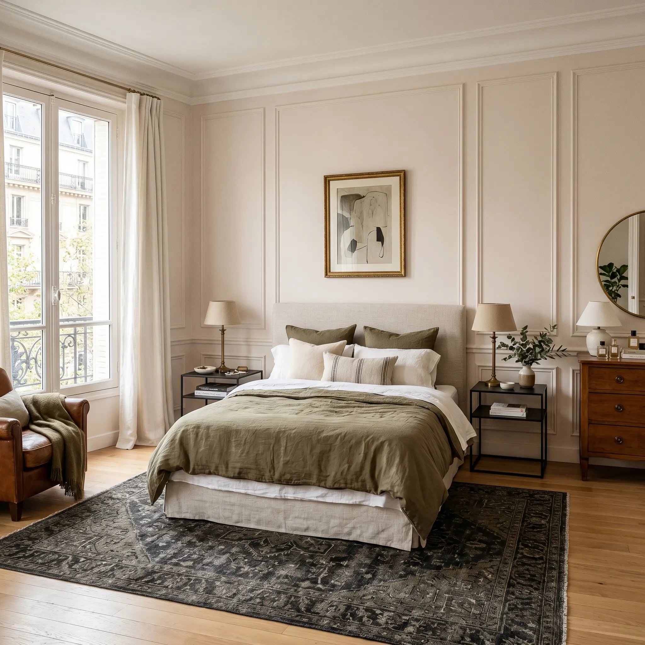 Crisp picture molding painted in Benjamin Moore First Light (Hex #EFE2DE) surrounds a slipcovered linen bed, blackened steel nightstands, and a vintage charcoal rug in a Parisian chic bedroom.