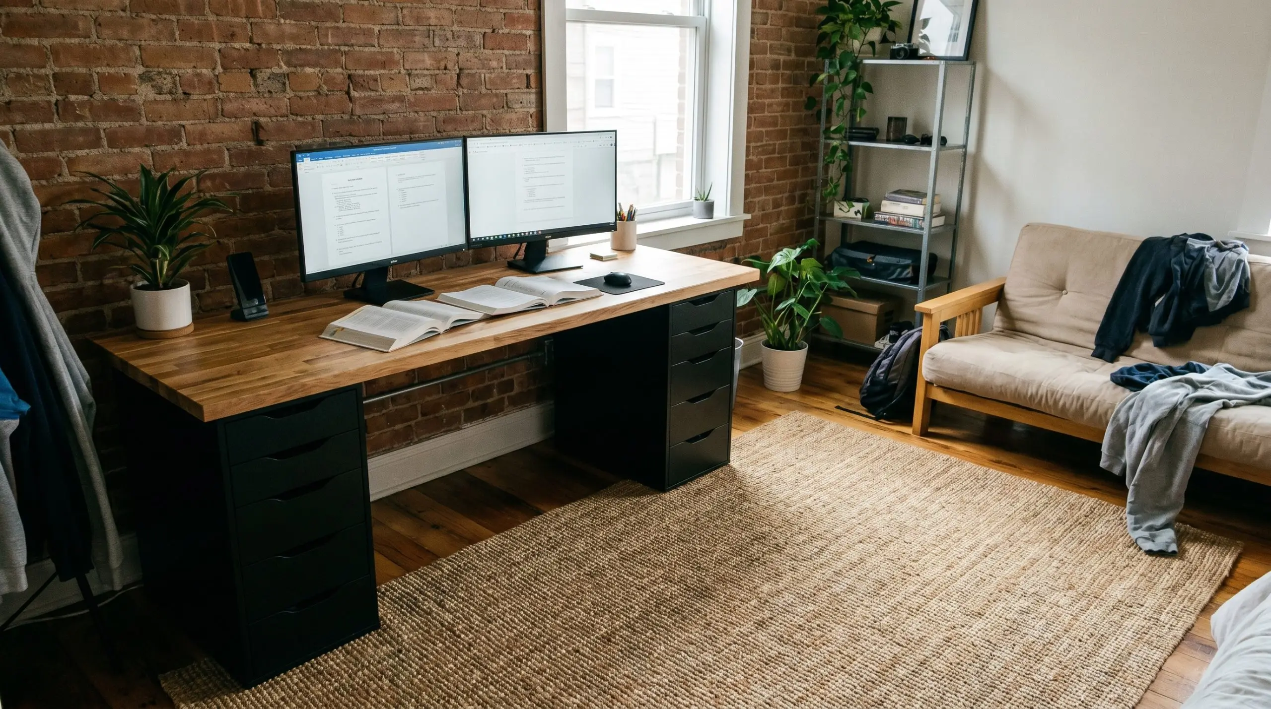 A seventy-two-inch solid wood butcher block desk rests on two matte black drawer units, holding dual monitors and textbooks in a teen room.