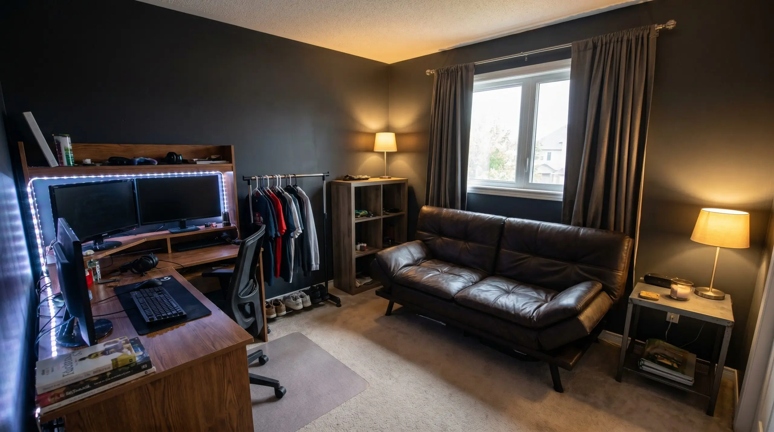 A low-profile distressed vegan leather sleeper loveseat sits positioned directly under a window next to a wooden gaming desk.