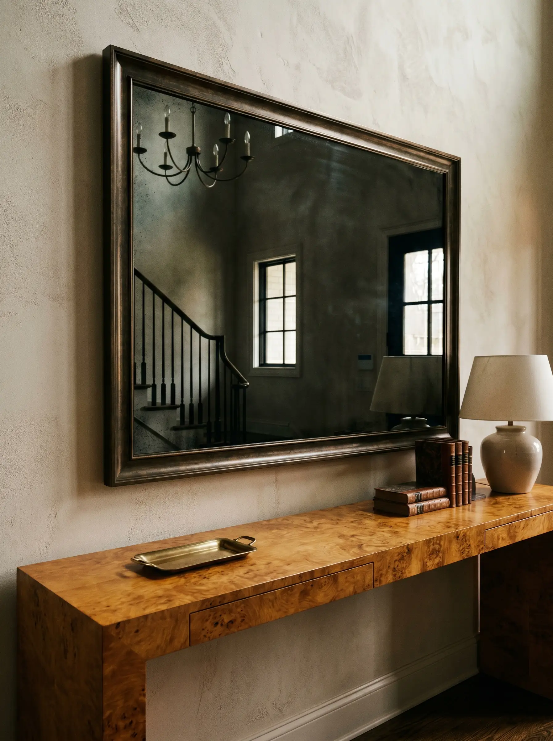 A heavy antiqued mirror with smoked bronze framing hangs perfectly above a warm honey-toned burl wood console table in a textured luxury entryway.