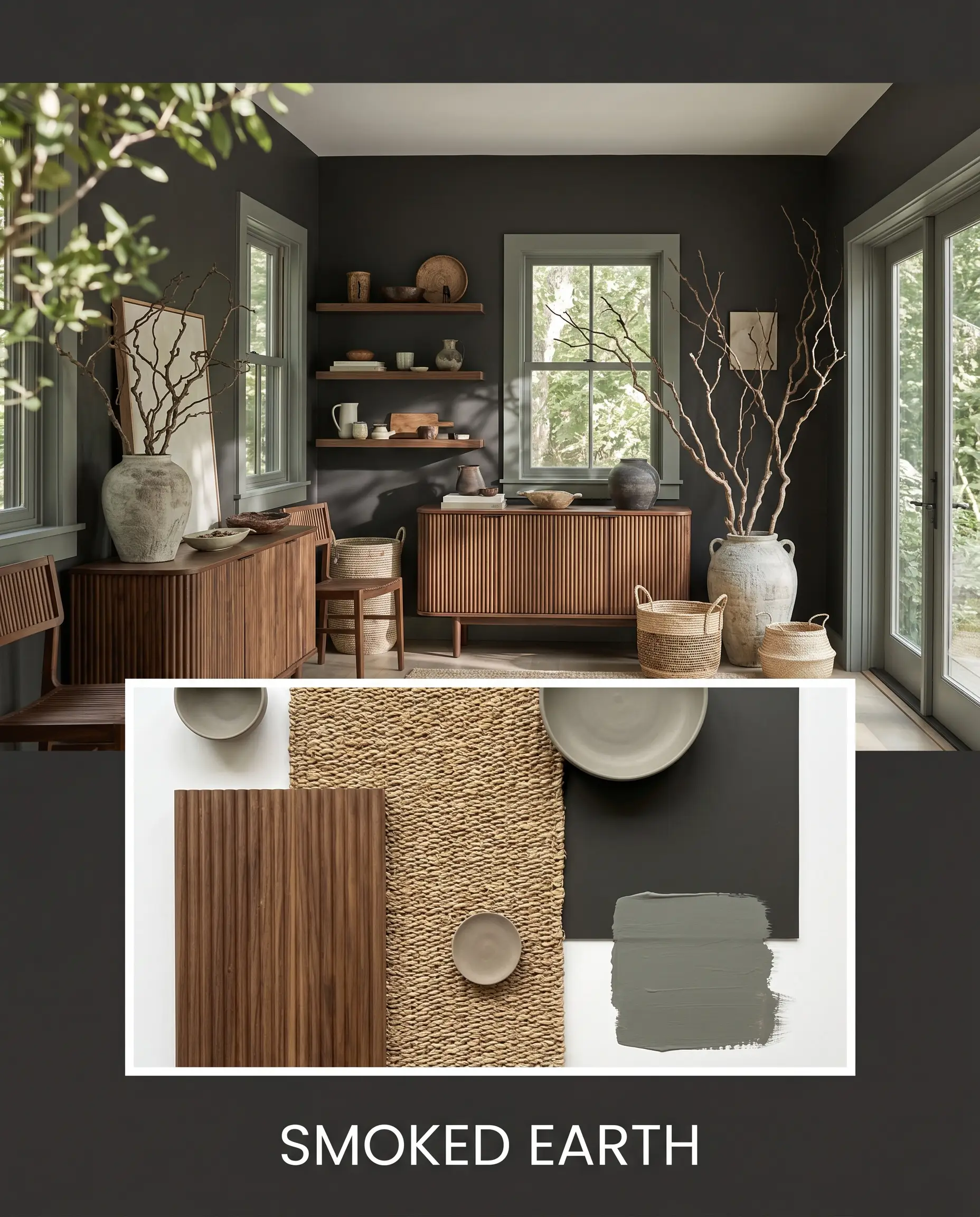 An editorial layout titled SMOKED EARTH reveals a nature-inspired retreat with walls painted in Benjamin Moore Onyx above a flat-lay of walnut wood and seagrass.