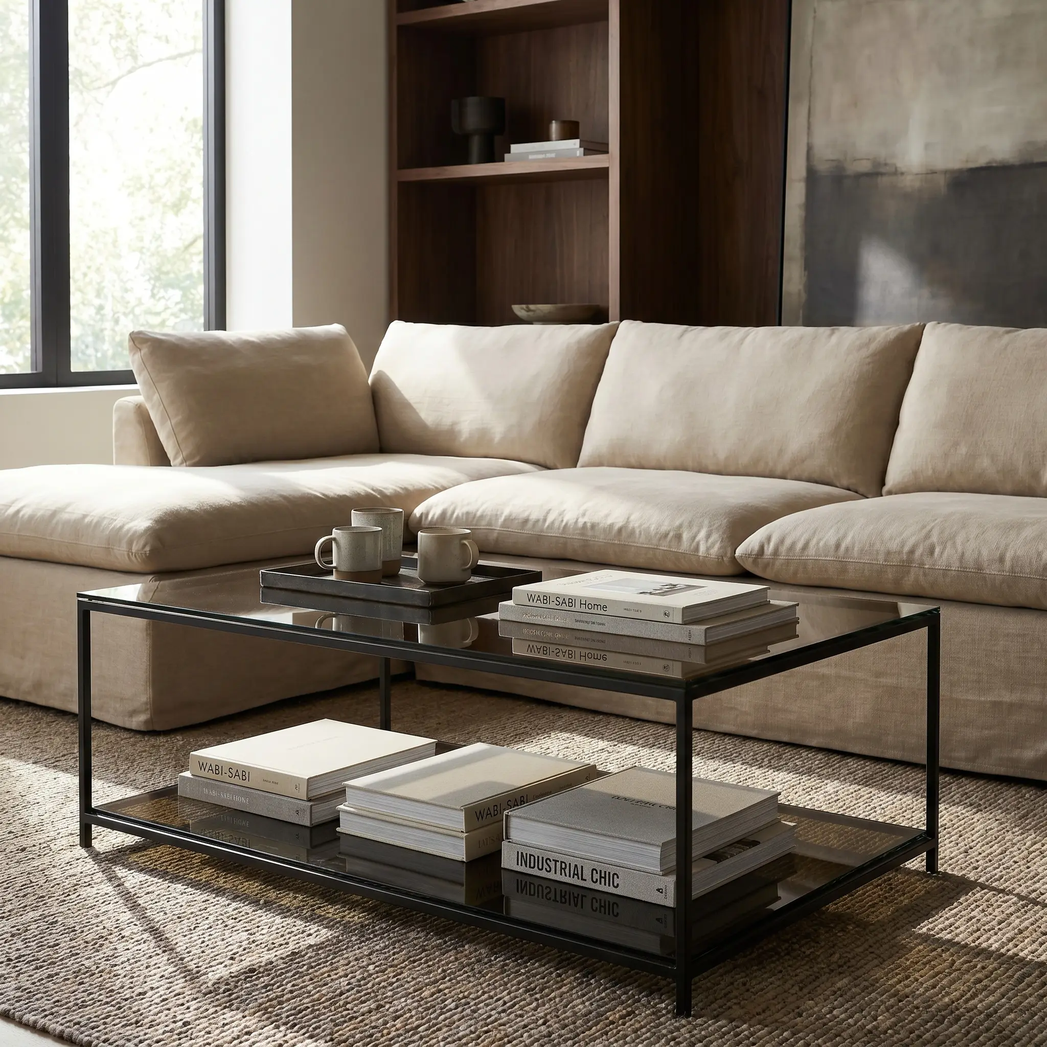 A tempered smoked glass coffee table framed with blackened steel legs holds oversized linen-bound books beside a floor-skimming linen sofa.
