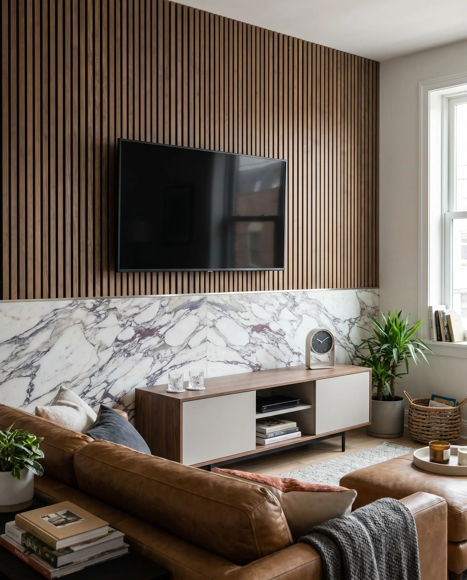 Smoked Larch acoustic wood slats transition seamlessly into a lower half backsplash of heavily veined Calacatta Viola marble behind a standard media console.