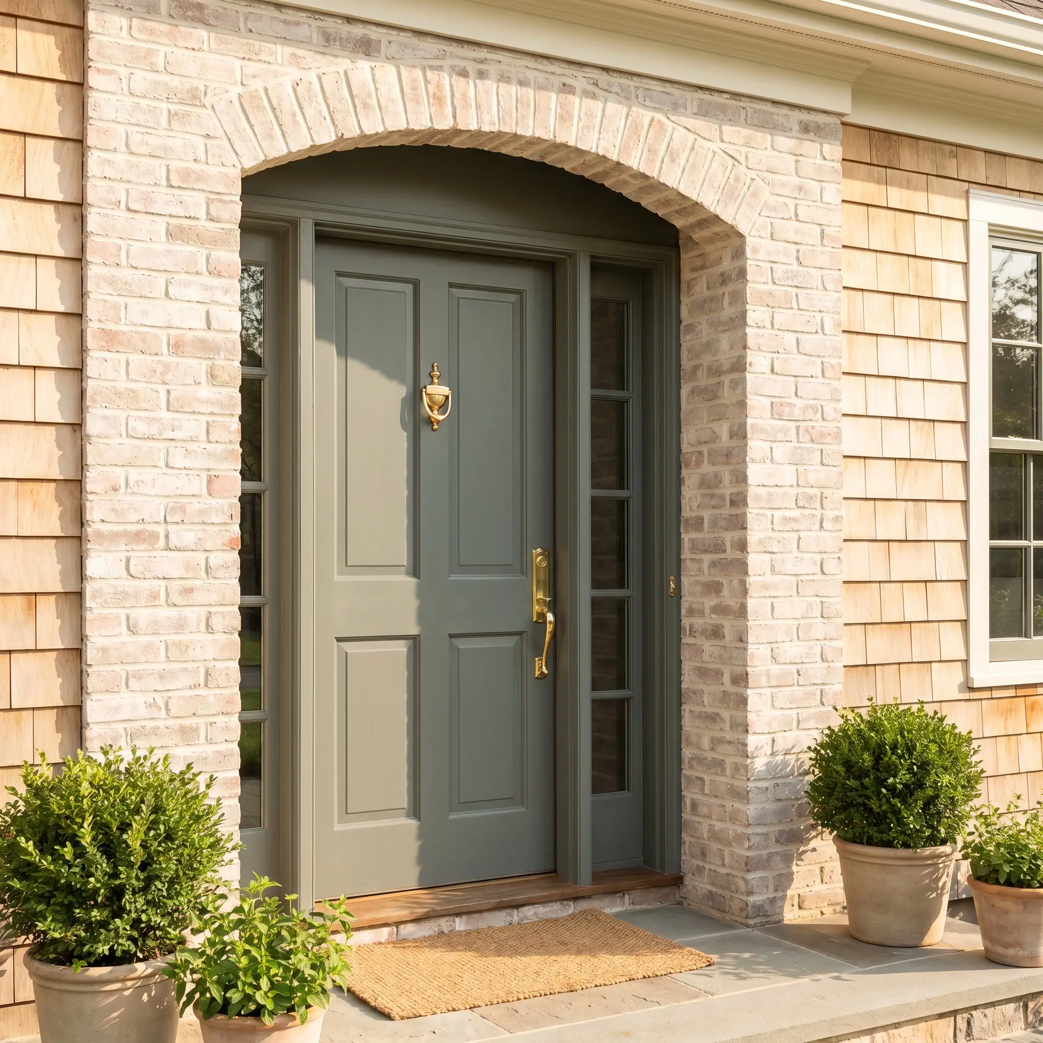 A traditional front door and window mullions painted in a smoky grey-green contrast beautifully against natural cedar siding and soft limewashed brick.