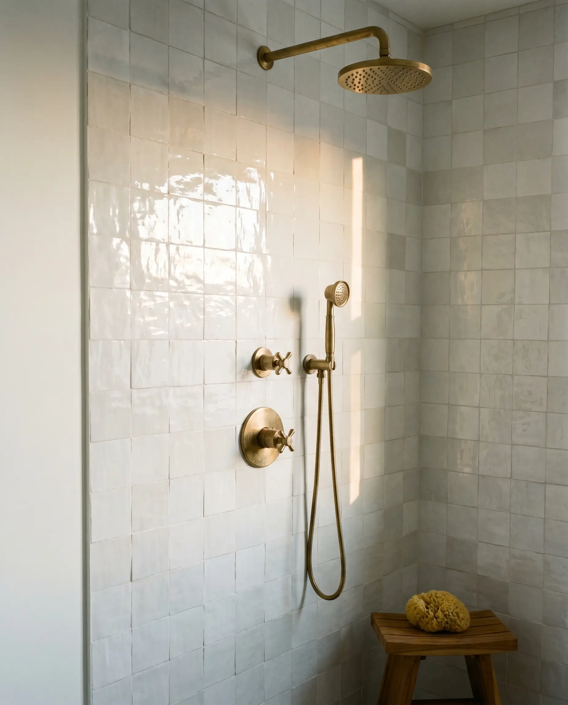 Snow white four-by-four clay tiles and unlacquered brass shower fixtures sit alongside crisp Benjamin Moore Chantilly Lace painted walls and a teak corner stool.