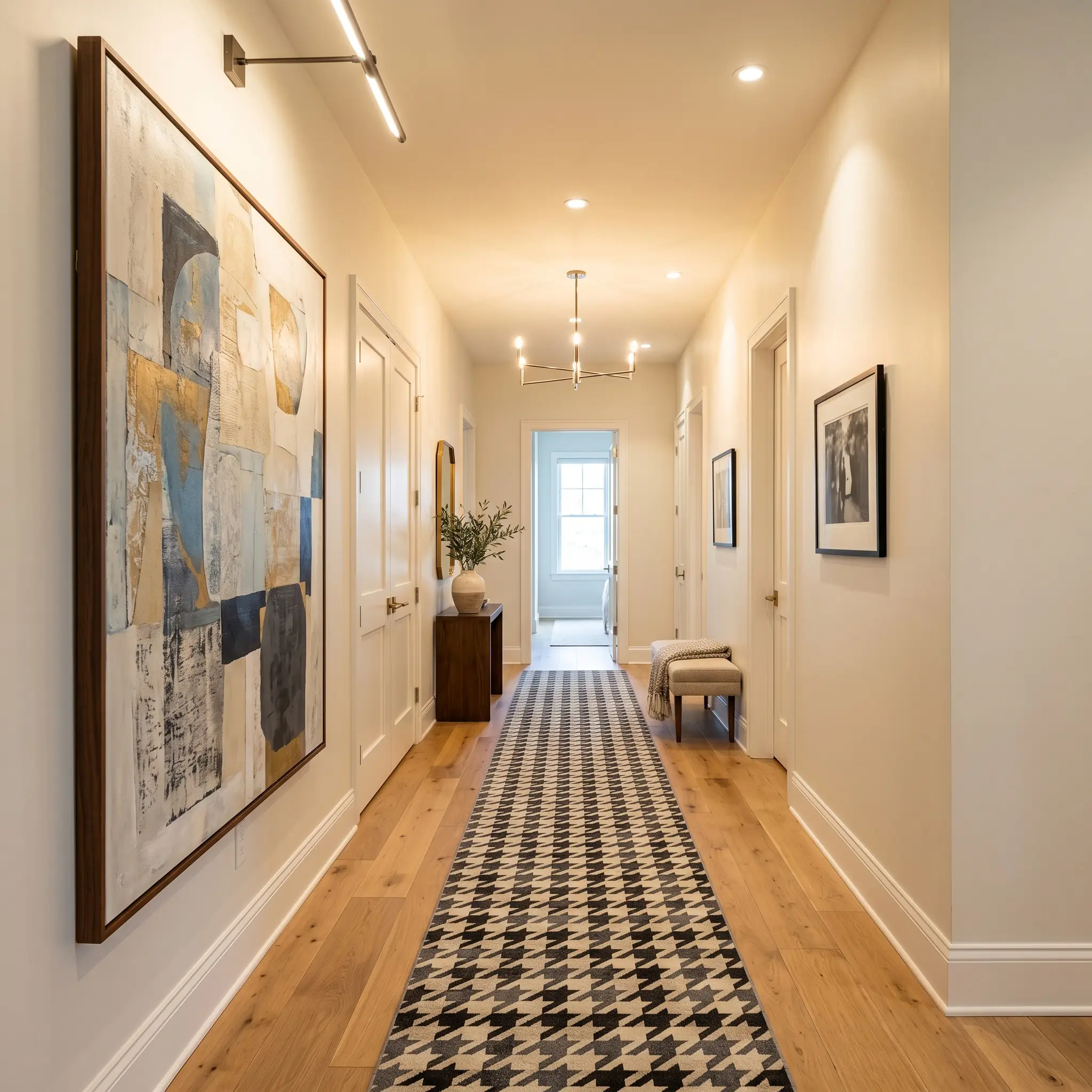 An oversized minimalist abstract canvas and a geometric houndstooth runner rug line a narrow residential corridor featuring crisp greige undertone walls.