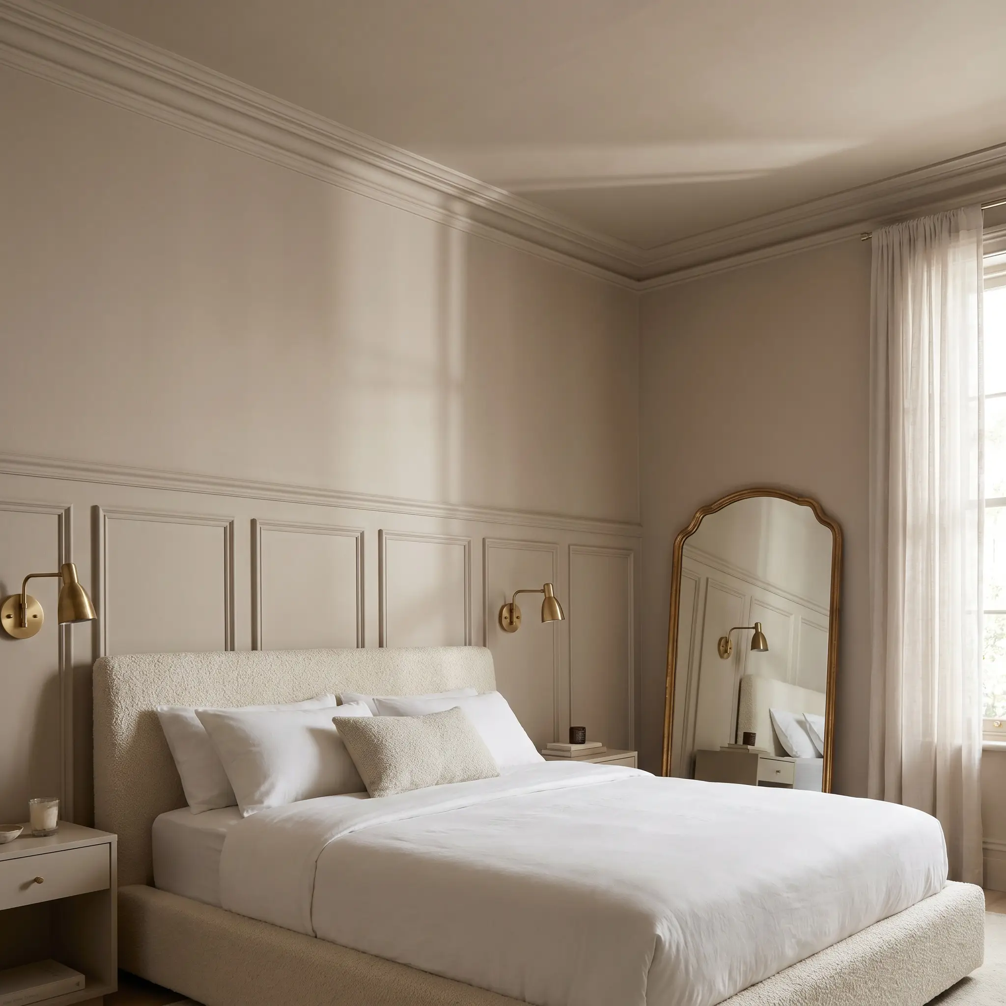 Unlacquered brass reading sconces flank a plush white bouclé bed frame set against a continuous wrap of creamy base picture molding wainscoting.