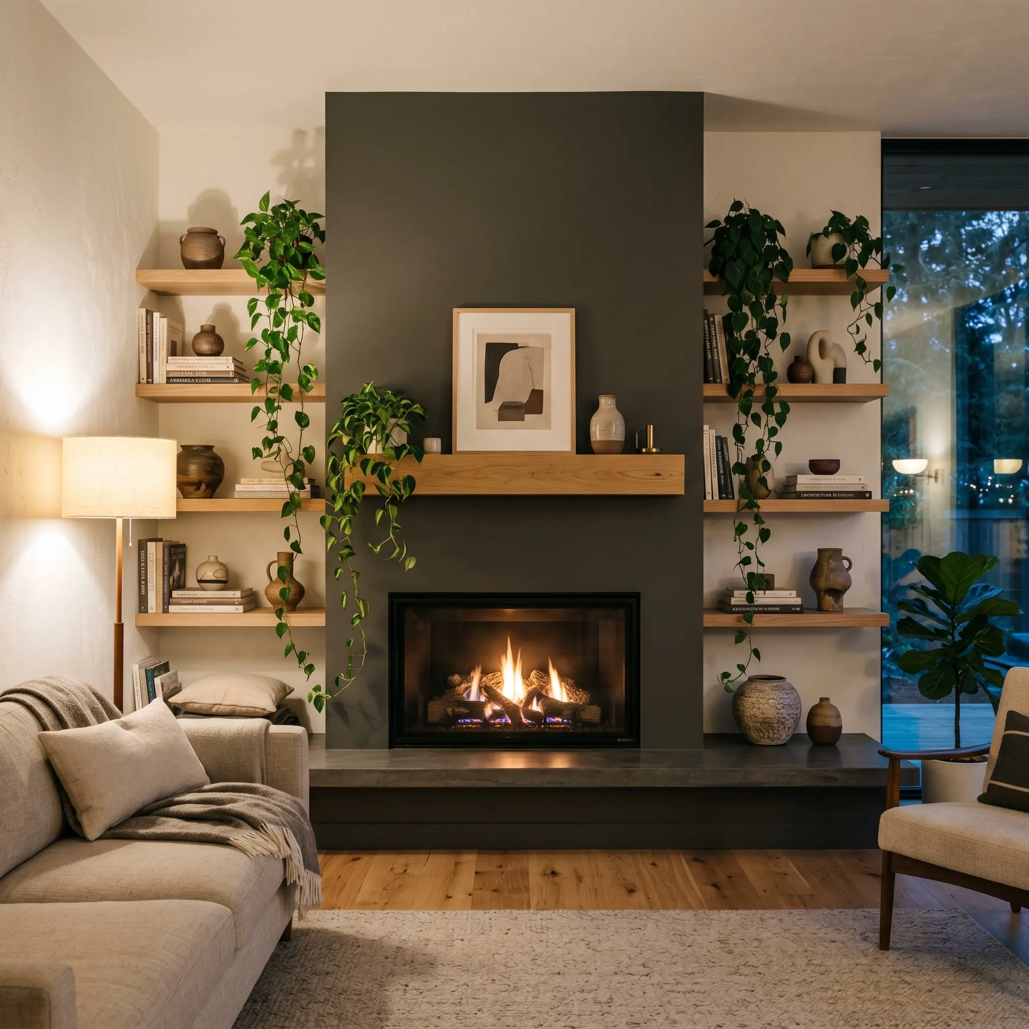 A modern living room features a warm charcoal fireplace surround flanked by floating white oak shelves displaying stacked art books, sculptural ceramics, and trailing ivy.