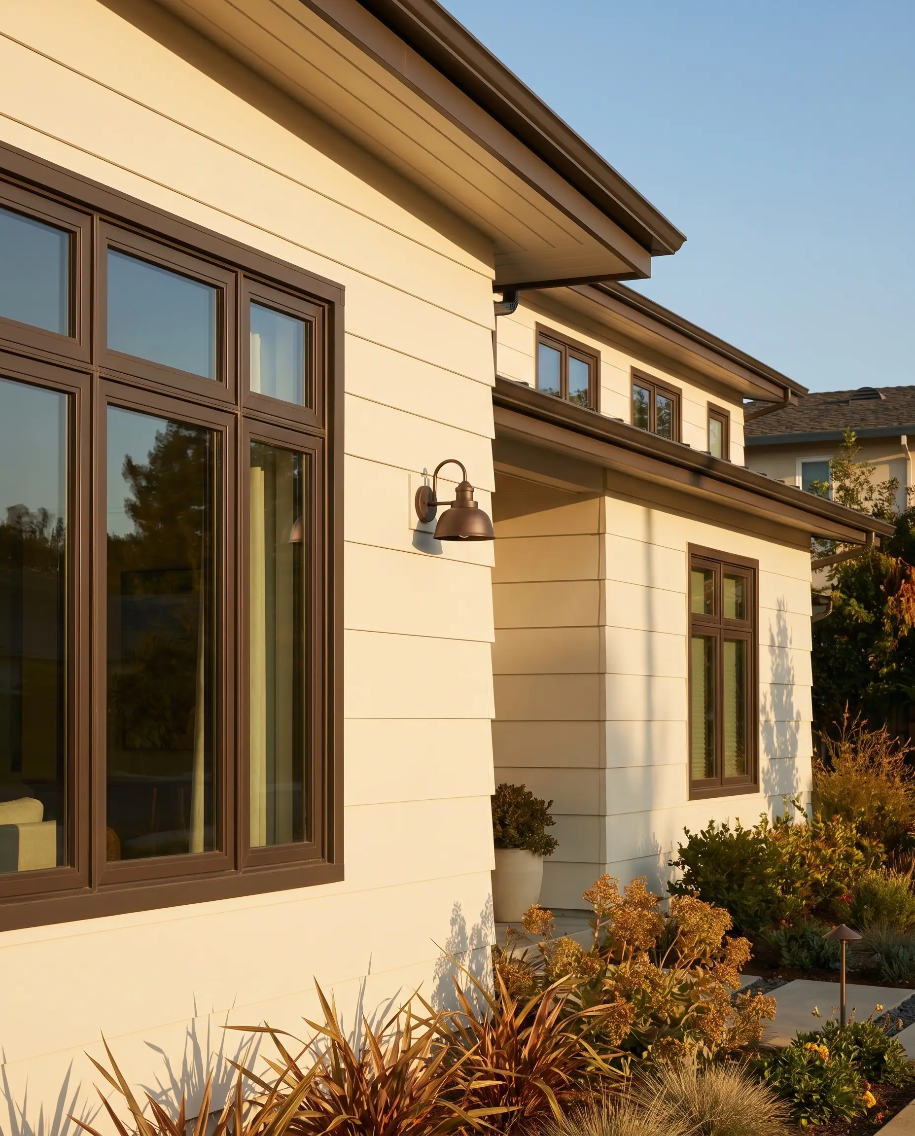 Soft cream fiber cement siding is punctuated by aluminum-clad wood windows featuring dark Urbane Bronze mullions and a matching exterior bronze lighting fixture.