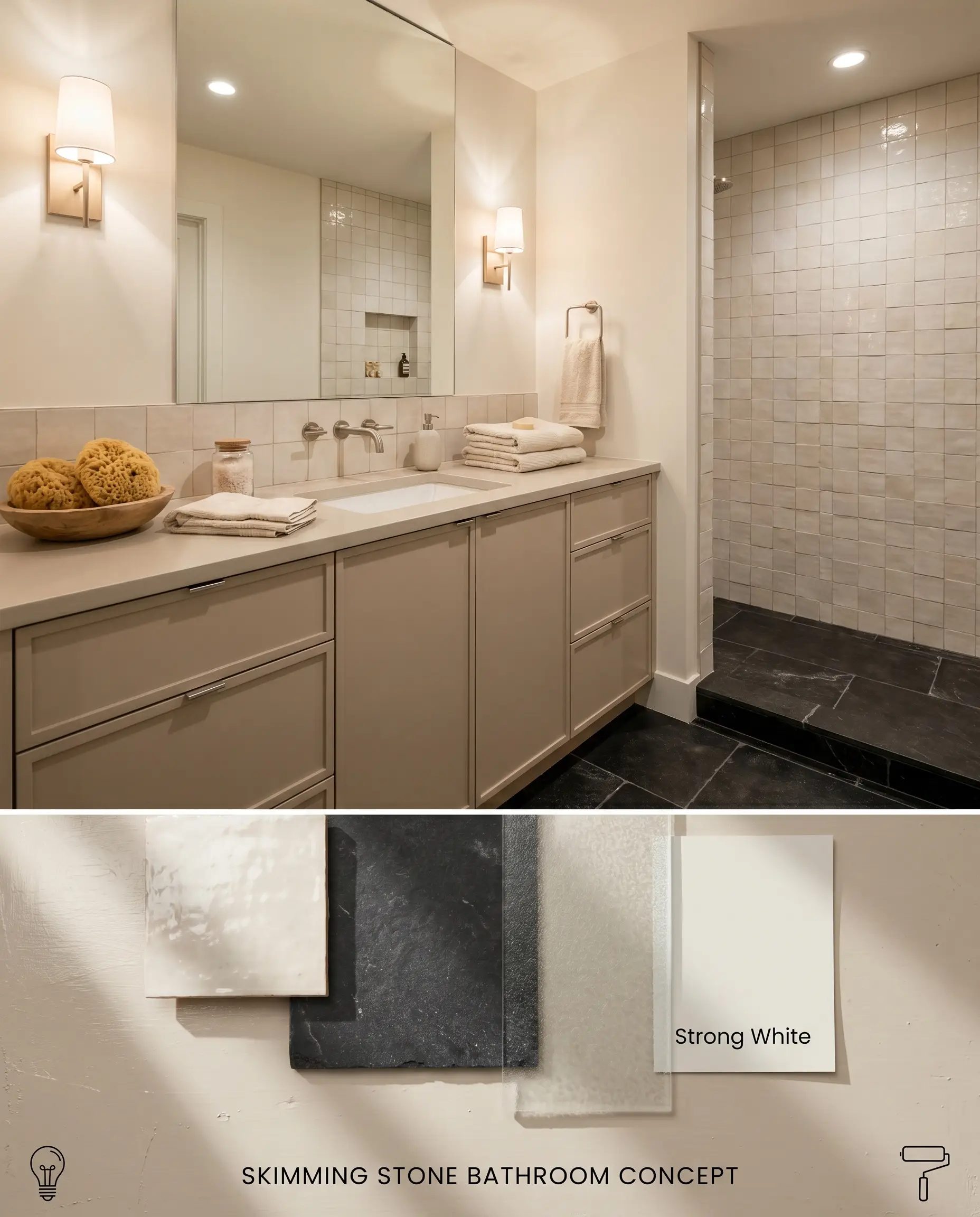 A split digital conceptual board for a bathroom highlighting a vanity painted in Skimming Stone No. 241, paired with Strong White walls, Zellige tiles, and a tactile material flat-lay.