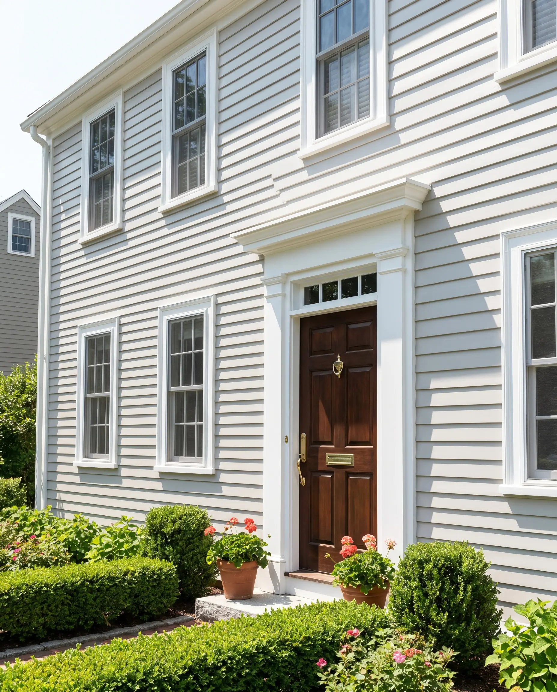Traditional clapboard siding painted in soft silver-gray contrasts with stark white trim, framing a classic paneled front door with polished brass hardware.