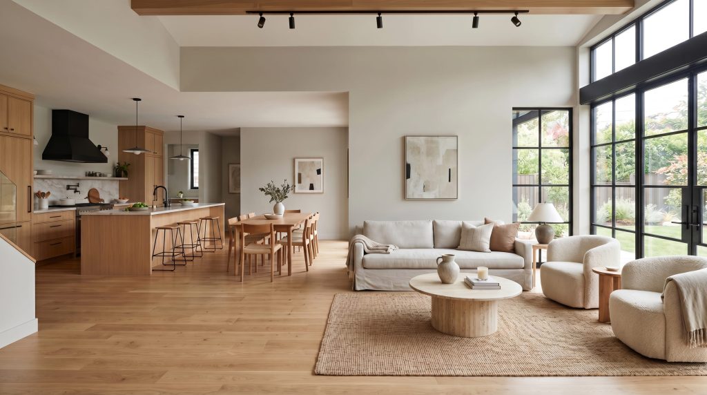 A travertine coffee table and nubby boucle accent chairs sit in an open-concept space featuring walls painted in Sherwin-Williams On the Rocks (Hex #D0CEC8).