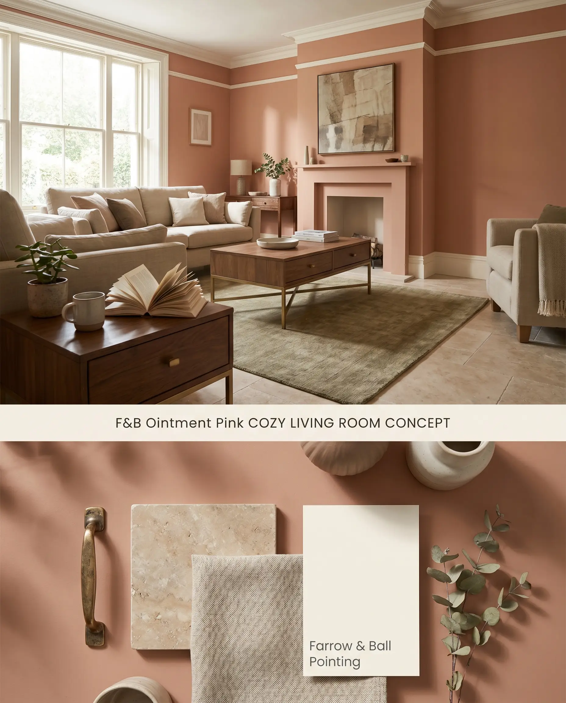 A split digital conceptual board displaying a soft terracotta living room above a textured flat-lay of unlacquered brass, travertine, and natural linen swatches.