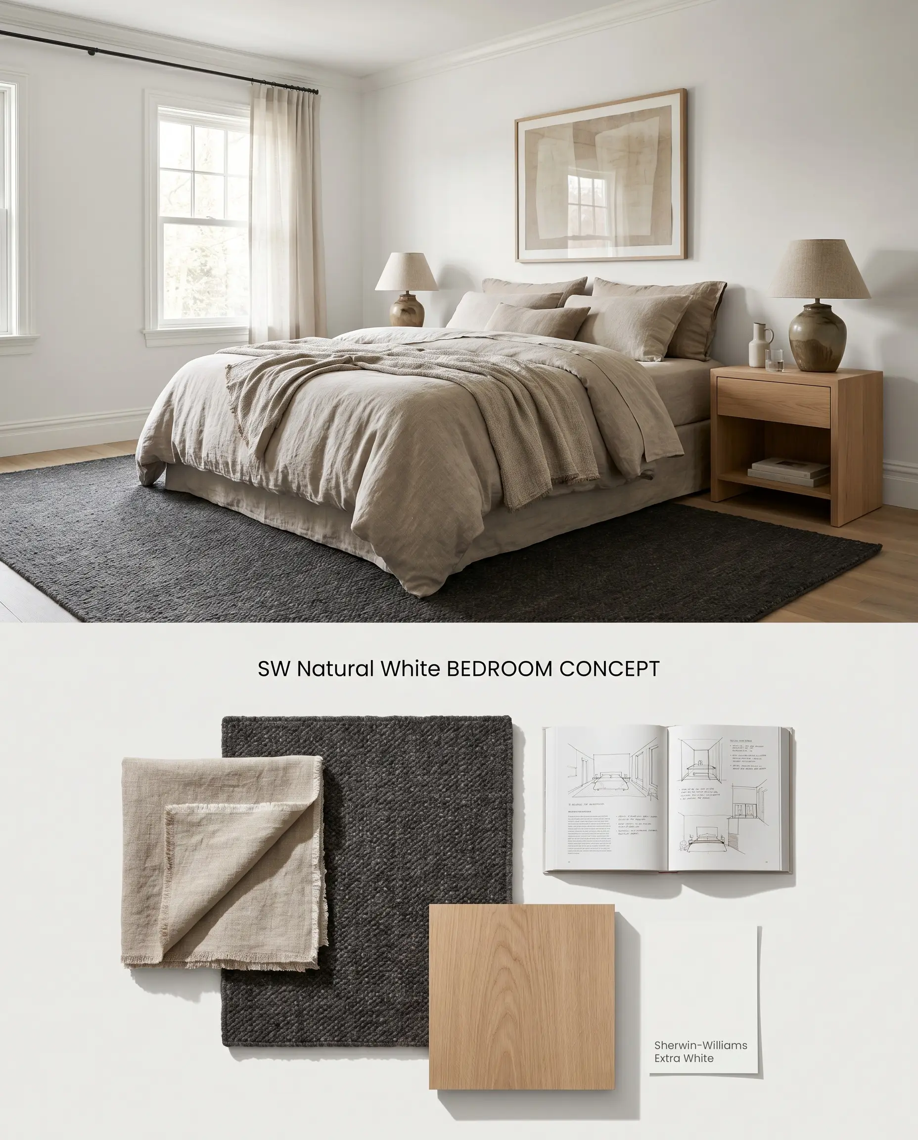 A split digital conceptual board for a Natural White bedroom featuring raw flax linens above a physical flat-lay of charcoal wool and oak materials.