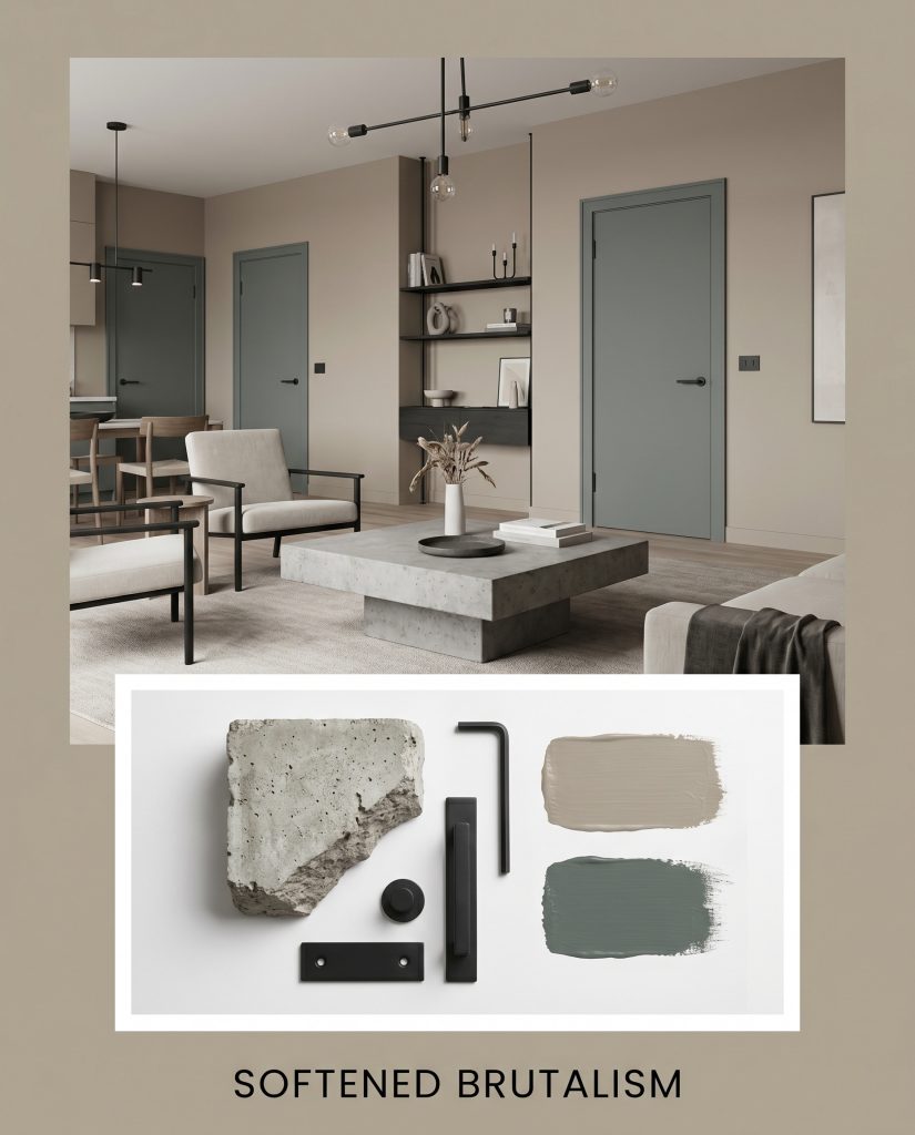 A contemporary living room featuring a chunky concrete coffee table and matte black iron hardware sits above a flat-lay of raw concrete and mid-tone beige architectural finish samples.