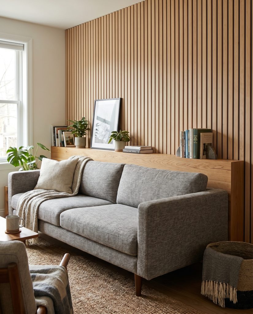 A solid oak board ledge mounts flush with the top frame of a modern sofa, integrating seamlessly into vertical real wood veneer slats.